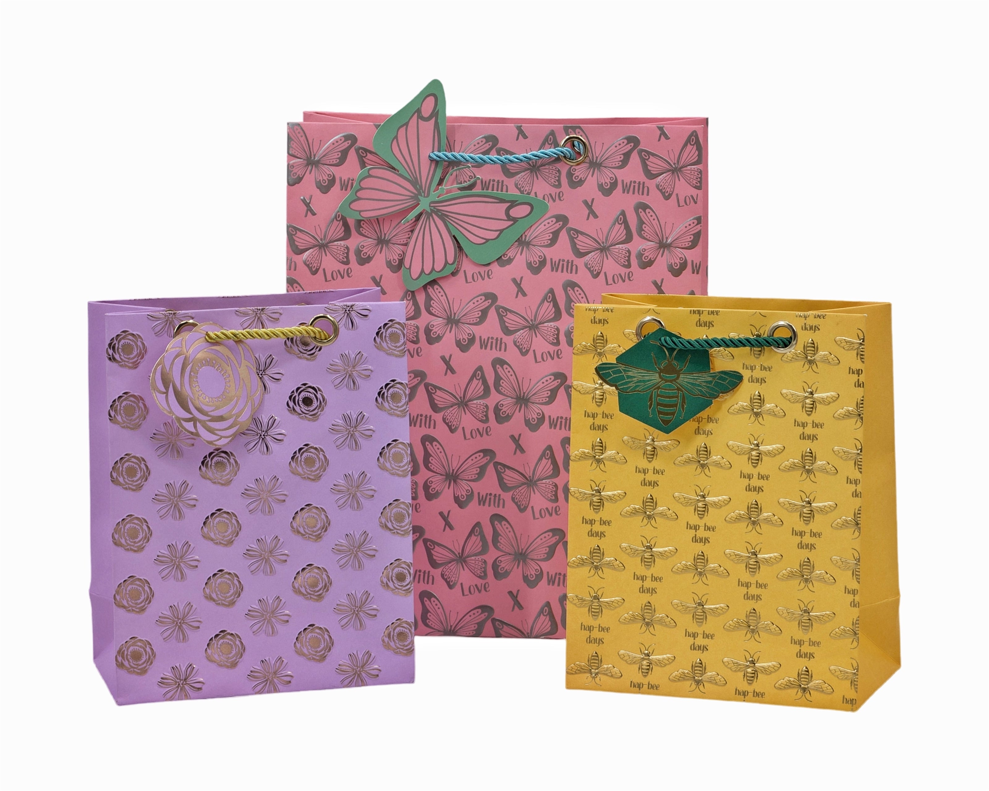 bulk 24 Medium Foiled Luxury Garden Gift Bag 3 Assort 23cm