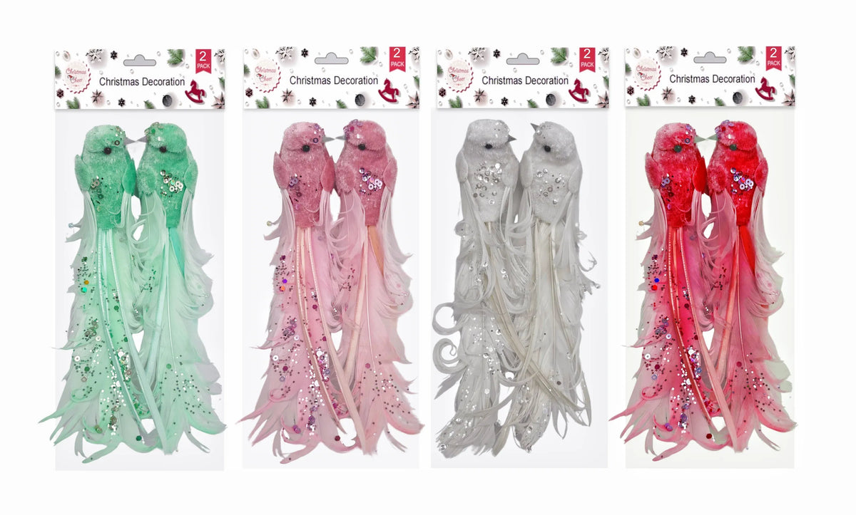 Bulk 24 Xmas Feather & Sequins Bird W Clip pk2 17x3.5x4cm 4 Asst