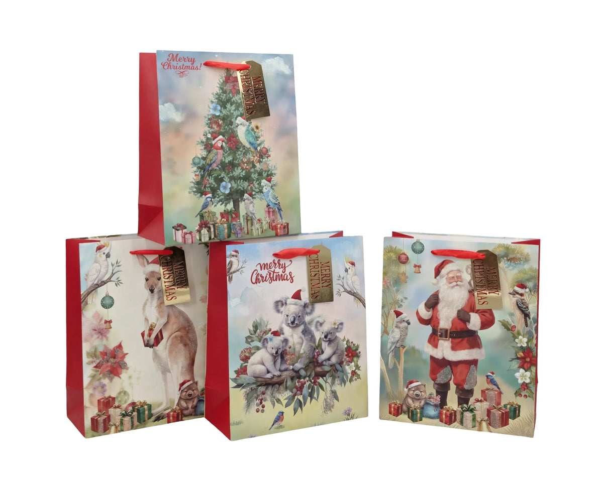 Bulk 48 Aussie Native Xmas Gift Bag Glitter Lrg 32x26x12cm 4 Asst