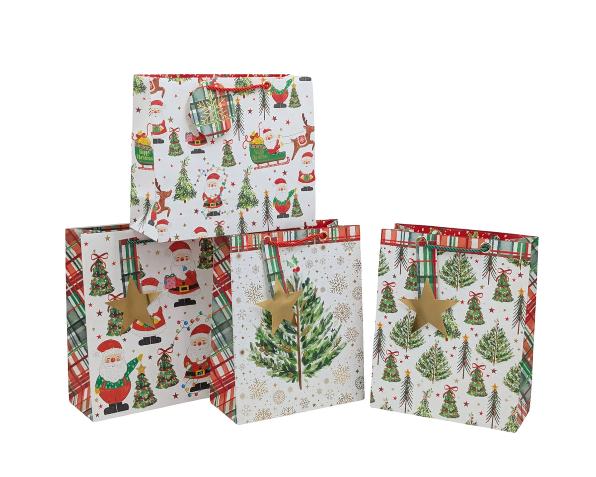 Bulk 48 Xmas Tree & Santa Gift Bag Btl Foiled 36x12x10cm 4 Asst