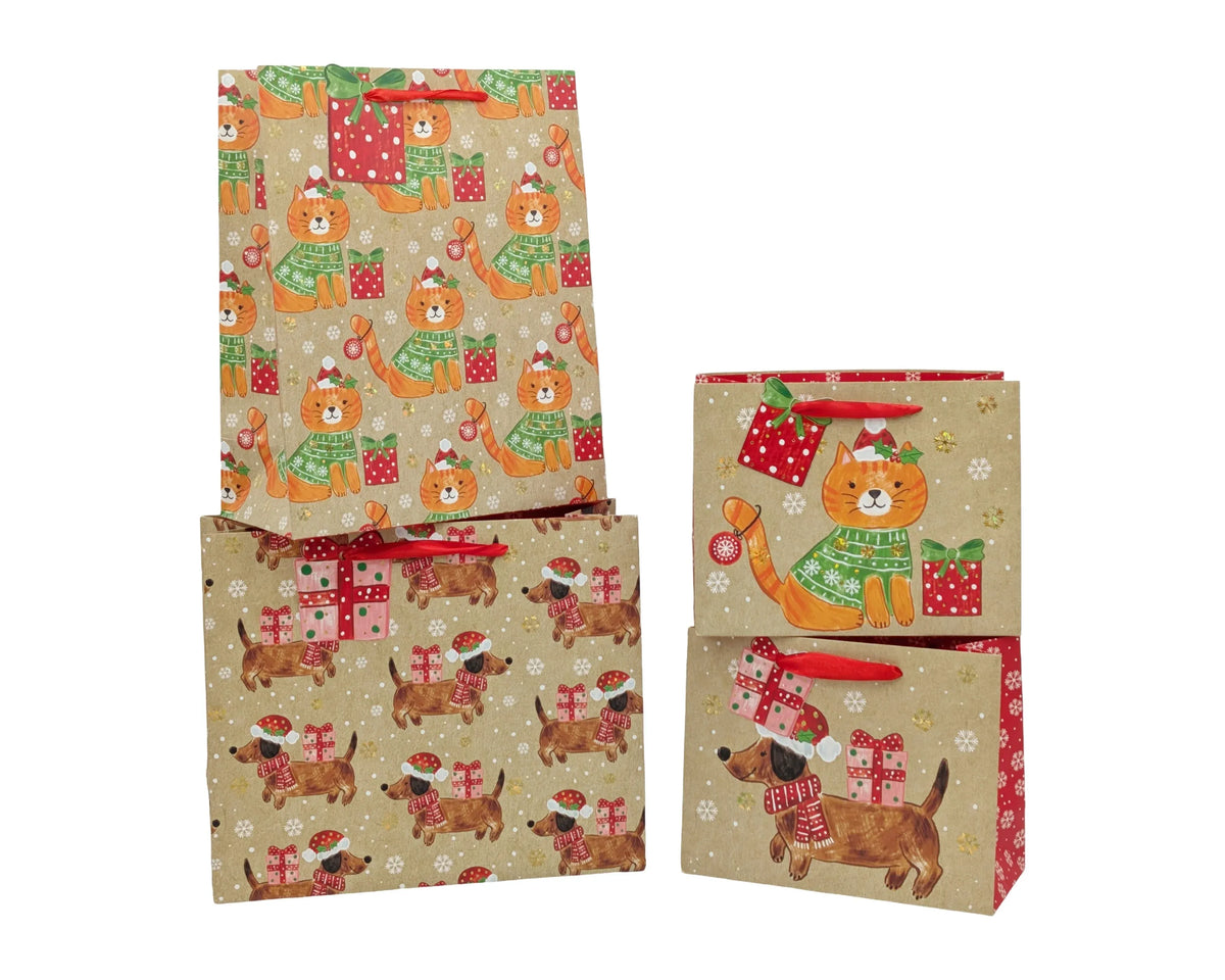 Bulk 48 Kraft Festive Pets Xmas Bag Foiled Xlrg 42x31x12cm 4 Asst