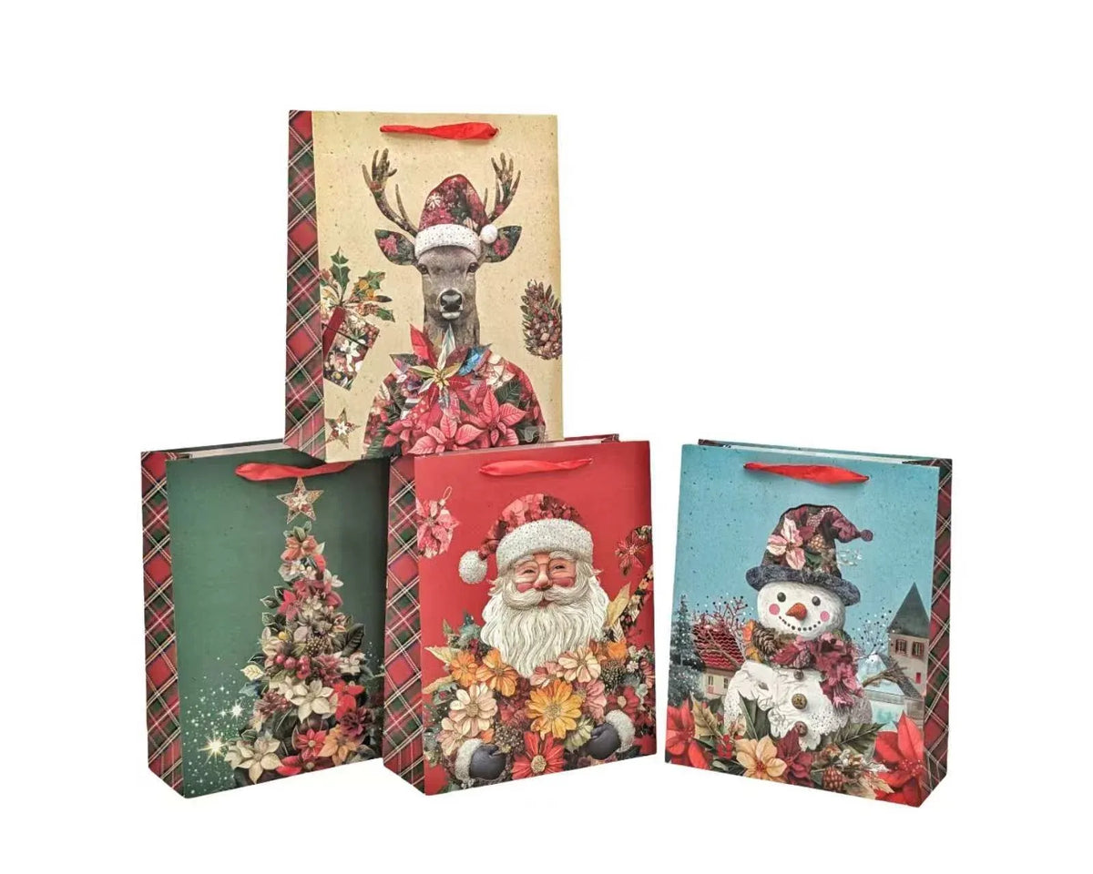 Bulk 48 Floral Vintage Xmas Bag Foiled Lrg 32x26x12cm 4 Asst