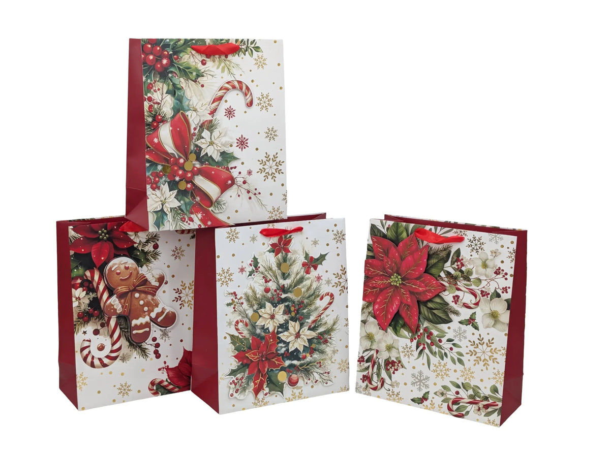 Bulk 48 3d Foiled Traditional Xmas Bag Xlrg 42x31x12cm 4 Asst