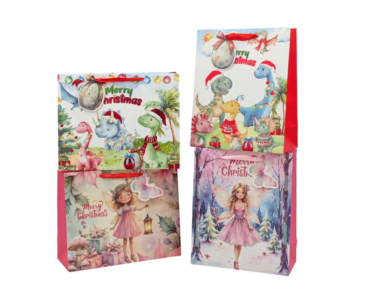 Bulk 48 Fairy & Dinosaur Xmas Bag Glitter Lrg 32x26x12cm 4 Asst