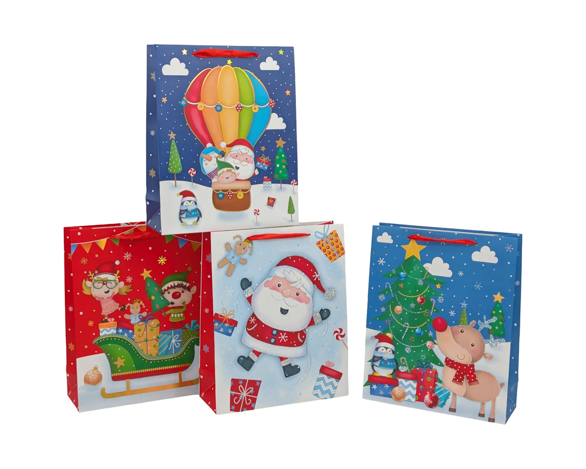 Bulk 48 Happy Fun Xmas Bag Foiled Lrg 32x26x12cm 4 Asst
