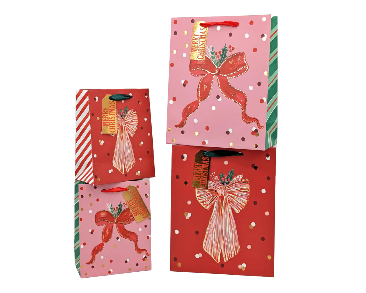 Bulk 24 Red Bow Foiled Xmas Bag Med 23x18x10cm 2 Asst