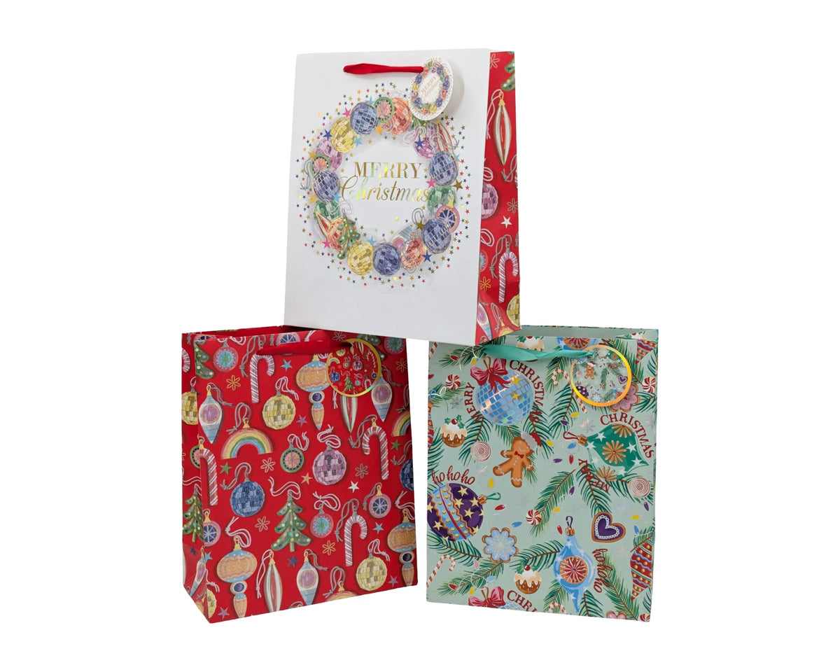 Bulk 48 Bauble & Bright Xmas Bag Foiled Med 23x18x10cm 4 Asst