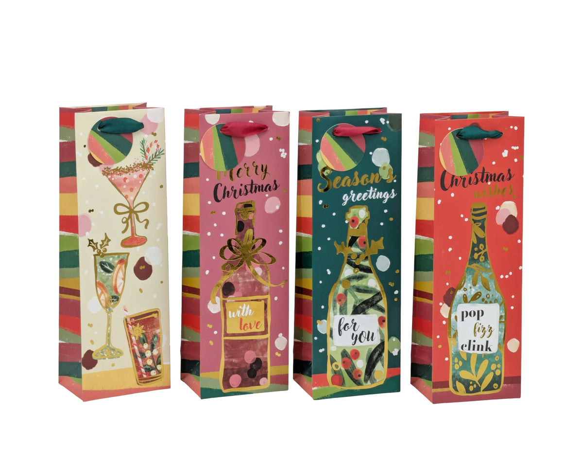 Bulk 48 Xmas Cheers Bottle Bag Foiled 36x12x10cm 4 Asst