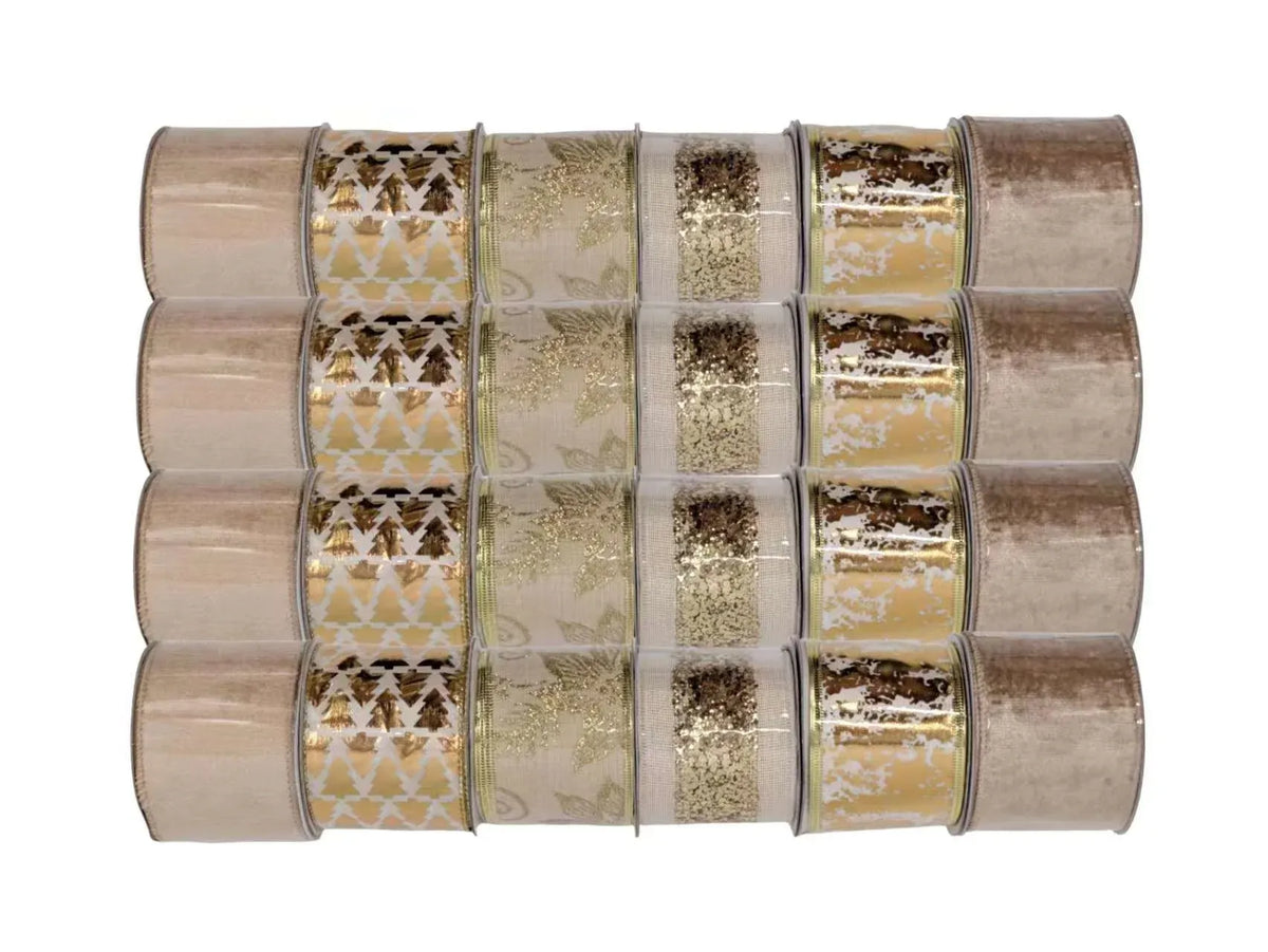 Bulk 24 Xmas Gold Luxe Ribbon 6.3cmx3m 6 Asst