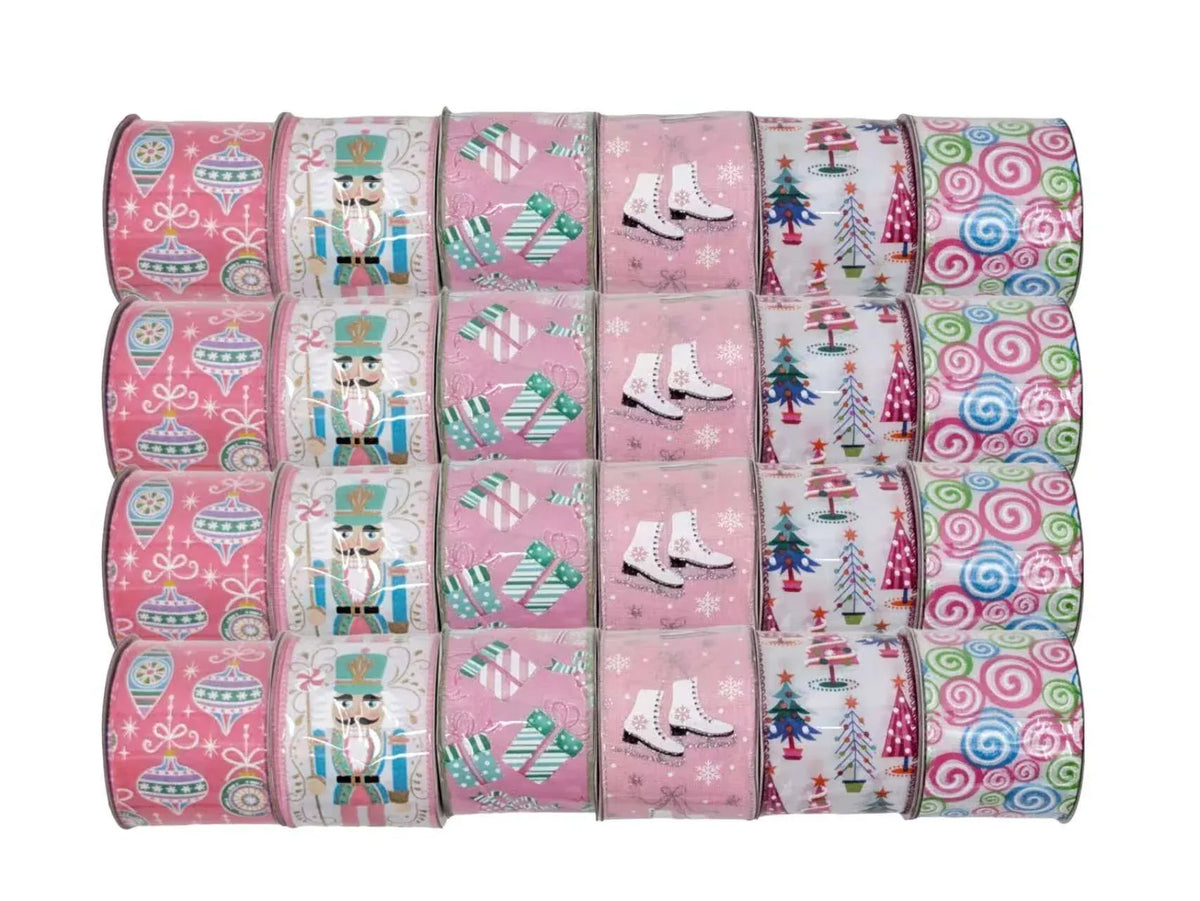 Bulk 24 Xmas Pink & Pastel Ribbon 6.3cmx3m 6 Asst