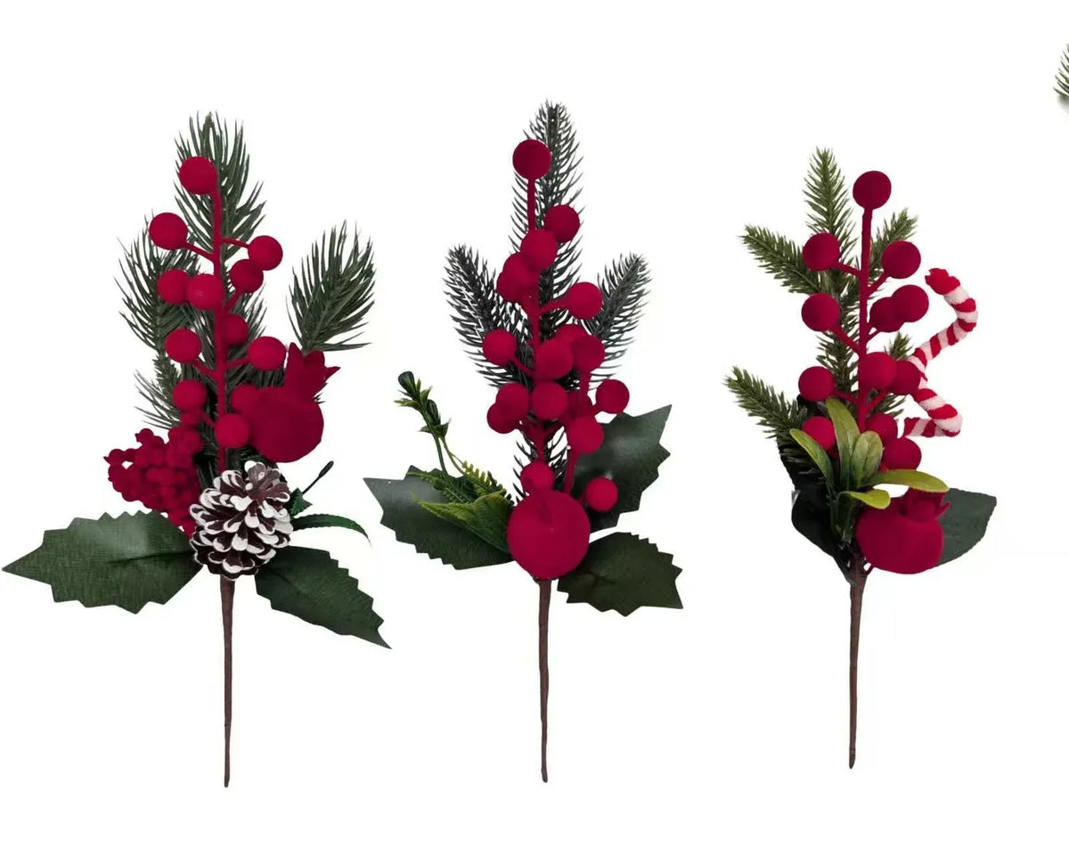 Xmas Flocking Berry Pick 26cm 3 Asst
