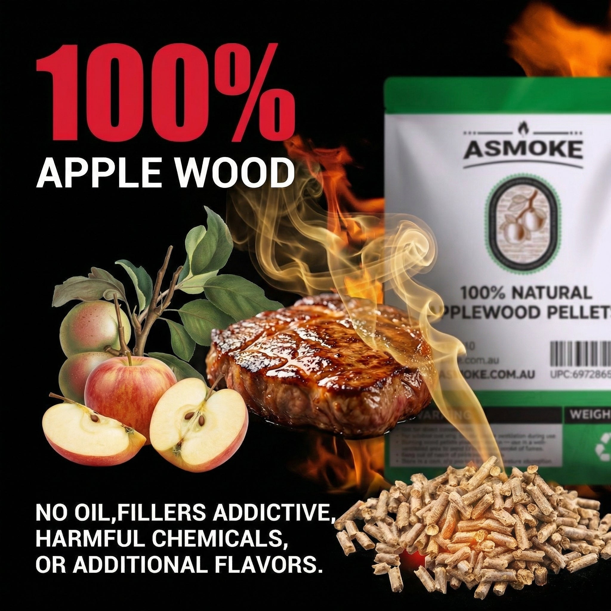 BBQs & Accessories: ASMOKE 100% Natural Apple Wood BBQ Smoker Pellets (2.27kg) - Premium Fruit Hardwood for Chicken & Pork