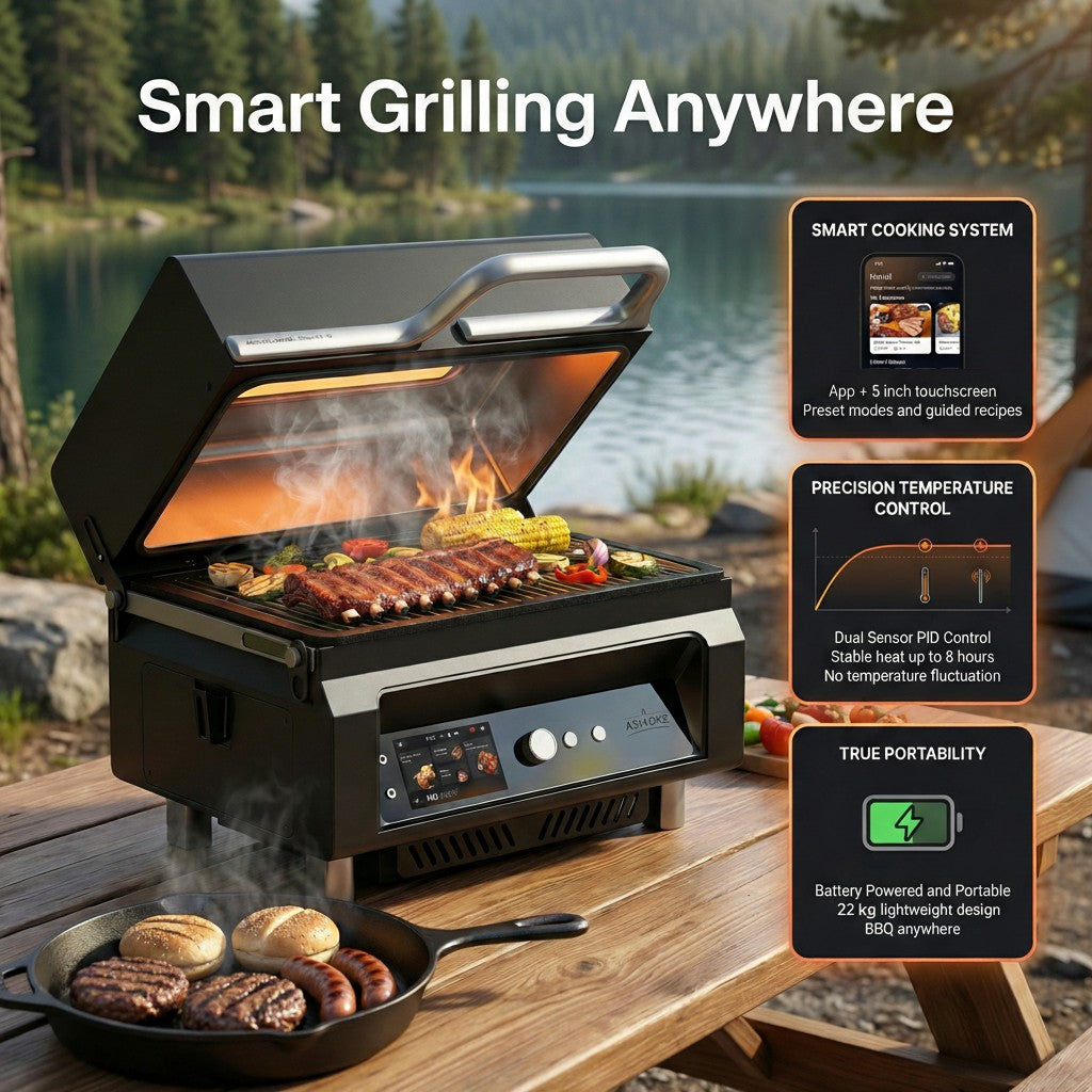 ASMOKE Essential Portable Smart Pellet Grill & Smoker + Assorted Flavors 20LBs (9kg) Premium Wood Pellets (Oak/Cherry/Apple)
