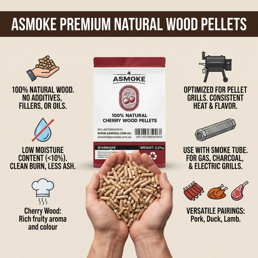 BBQs & Accessories: ASMOKE 100% Natural Cherry Wood BBQ Pellets (2.27kg) - Premium Fruit Hardwood for Smoker Grills & Cold Smoking