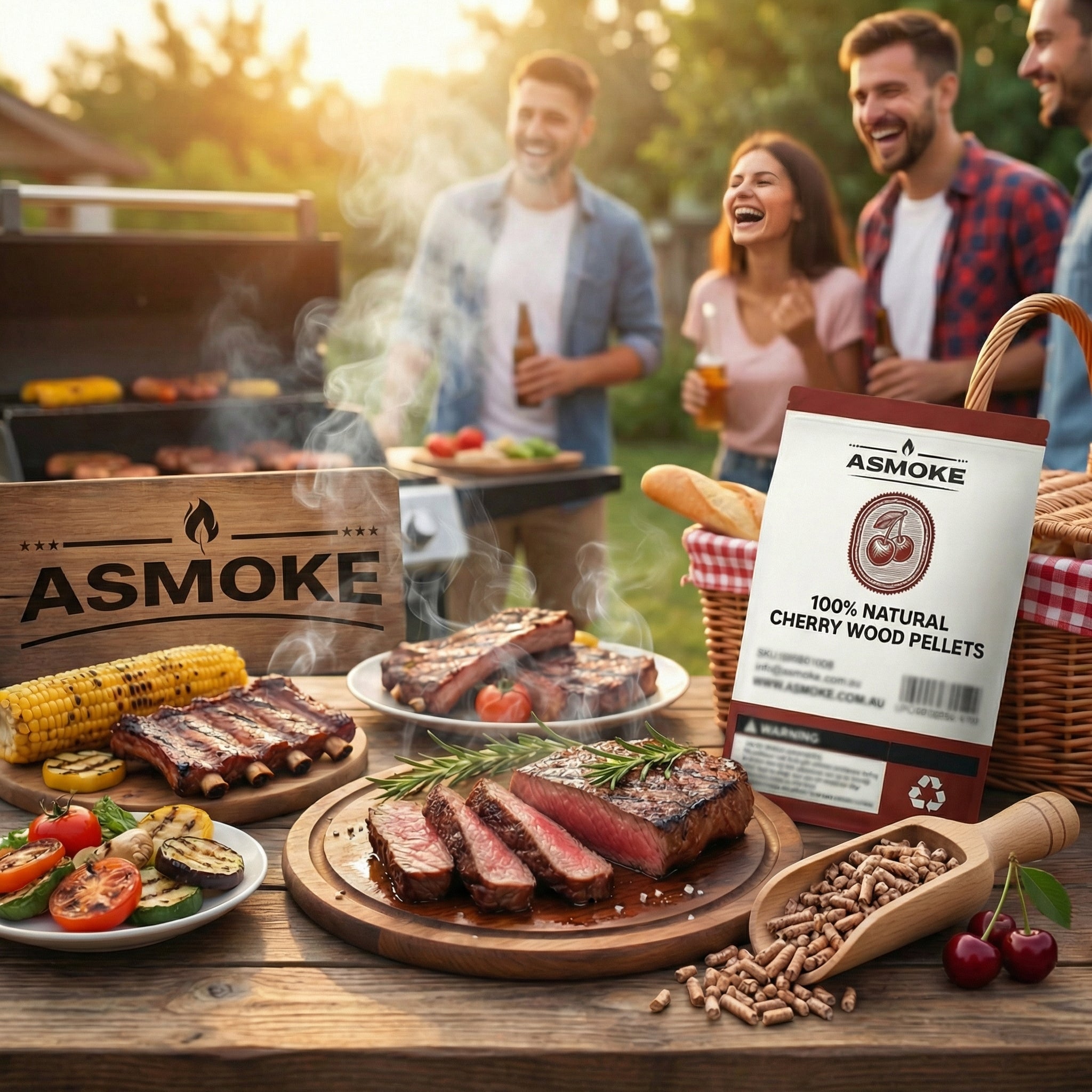 BBQs & Accessories: ASMOKE 19kg (40lbs) Premium Cherry Wood BBQ Smoker Pellets Bulk Bundle (8 x 2.27kg Bags)