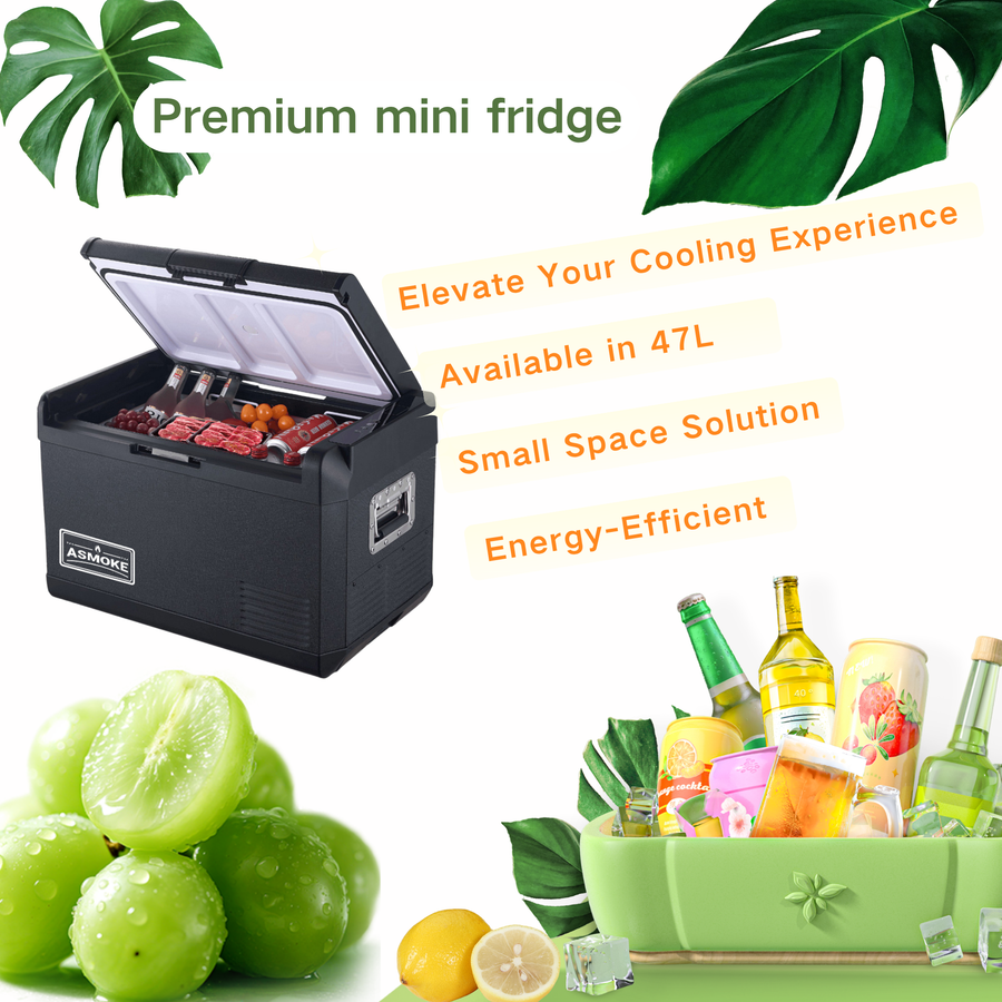 Camping Appliances: ASMOKE Premium Mini Fridge | 47L Compact Refrigerator with Roll-Bond Evaporator & Internal Light