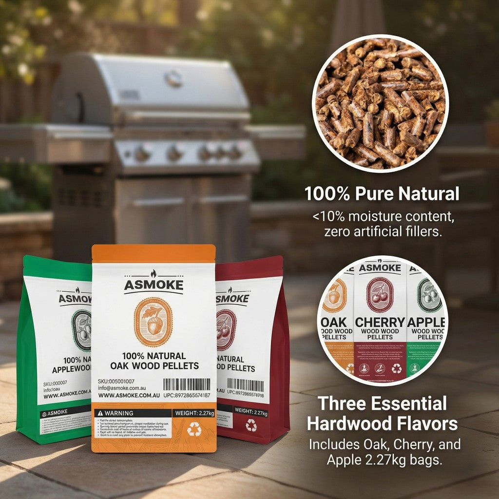 BBQs & Accessories: ASMOKE 3-Piece Premium Wood Pellet Variety Pack - Oak, Cherry & Apple (3 x 2.27kg Bags)