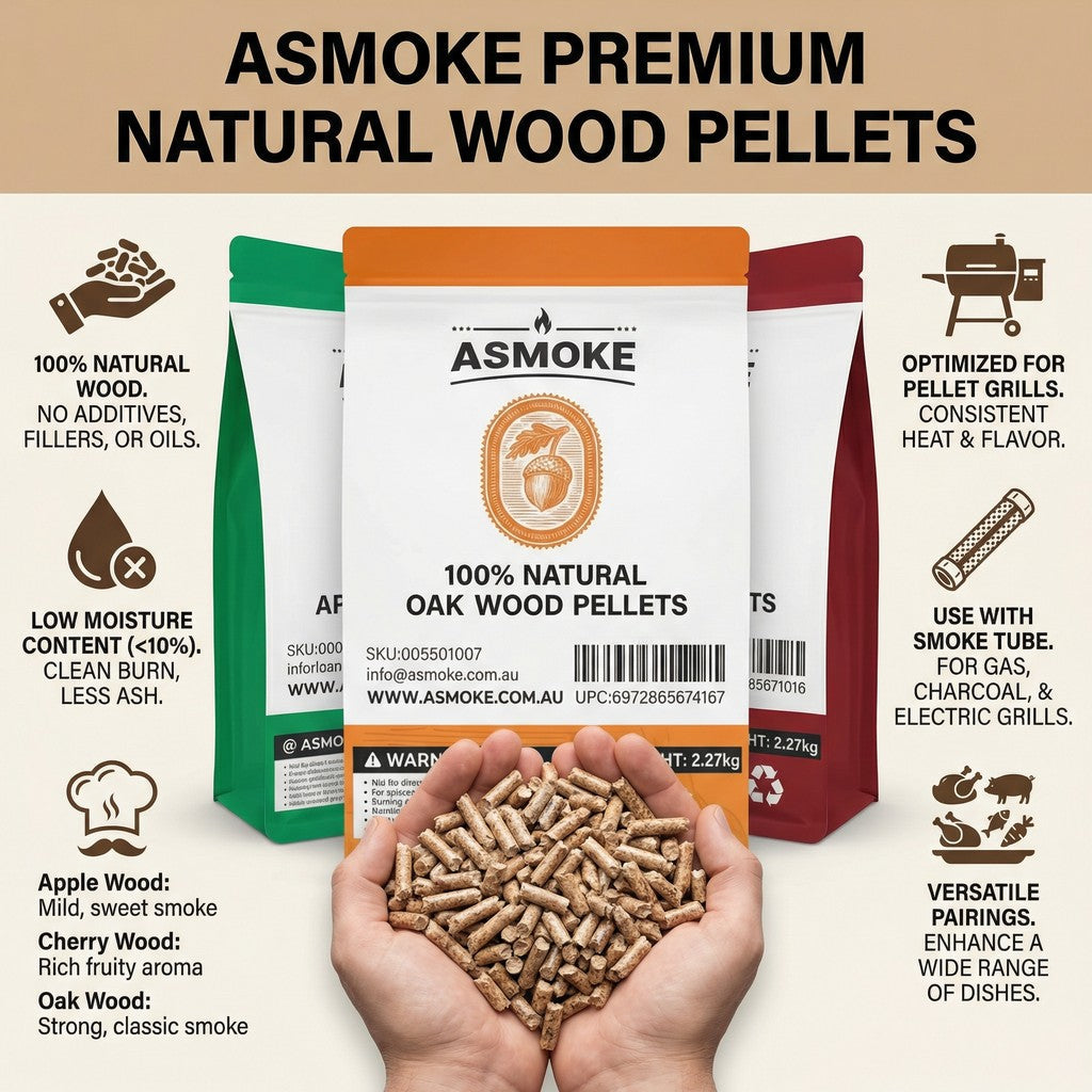 BBQs & Accessories: ASMOKE 3-Piece Premium Wood Pellet Variety Pack - Oak, Cherry & Apple (3 x 2.27kg Bags)