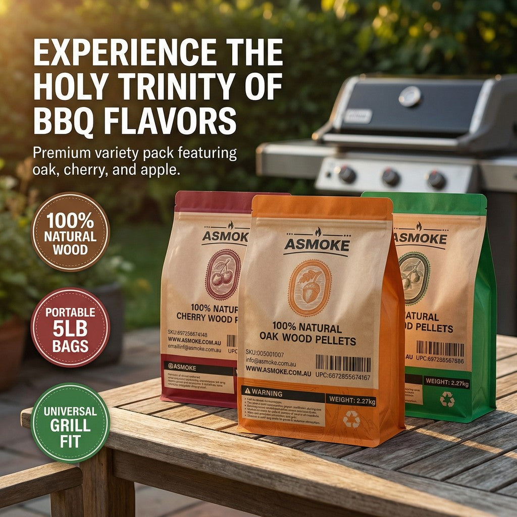 BBQs & Accessories: ASMOKE 3-Piece Premium Wood Pellet Variety Pack - Oak, Cherry & Apple (3 x 2.27kg Bags)