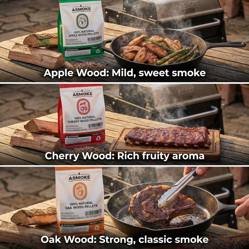 BBQs & Accessories: ASMOKE 3-Piece Premium Wood Pellet Variety Pack - Oak, Cherry & Apple (3 x 2.27kg Bags)
