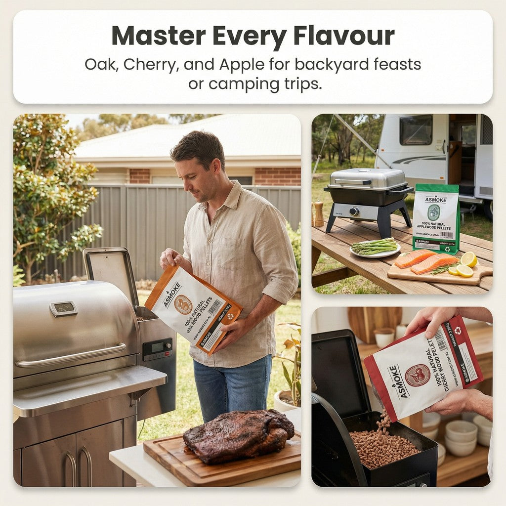 BBQs & Accessories: ASMOKE 3-Piece Premium Wood Pellet Variety Pack - Oak, Cherry & Apple (3 x 2.27kg Bags)