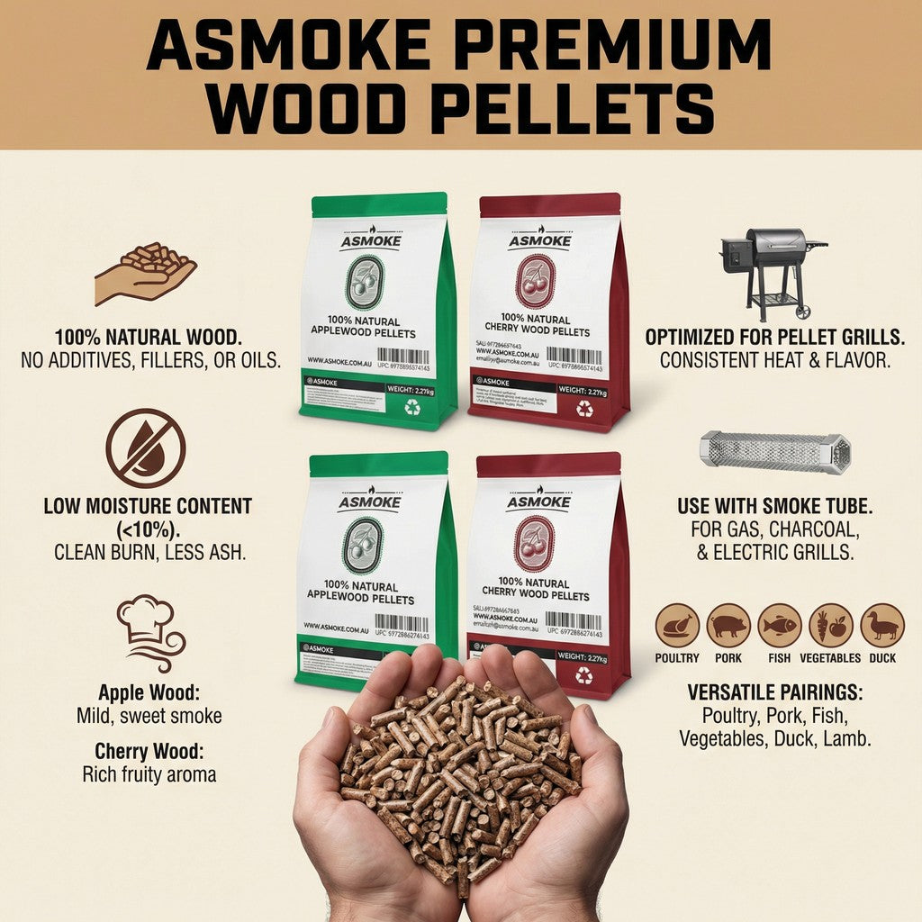 BBQs & Accessories: ASMOKE 20lbs (9kg) Wood Pellet Sampler Bundle - 2-Flavour Variety Pack (2x Cherry, 2x Apple) - Best for Pork, Ribs & Poultry