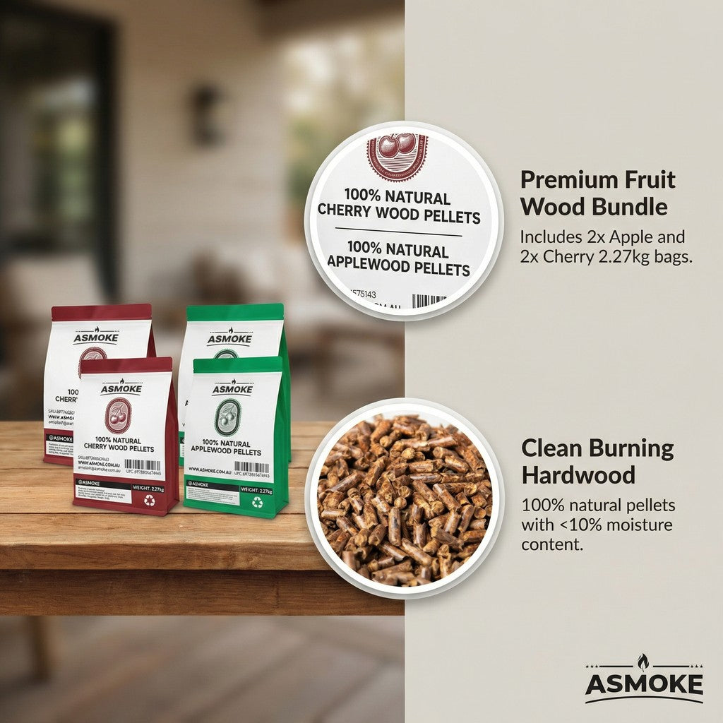 BBQs & Accessories: ASMOKE 20lbs (9kg) Wood Pellet Sampler Bundle - 2-Flavour Variety Pack (2x Cherry, 2x Apple) - Best for Pork, Ribs & Poultry