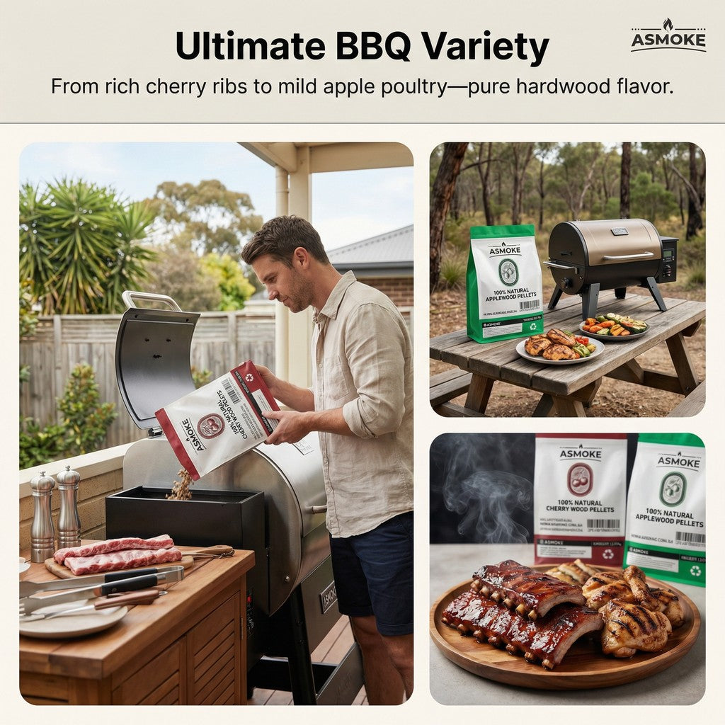 BBQs & Accessories: ASMOKE 20lbs (9kg) Wood Pellet Sampler Bundle - 2-Flavour Variety Pack (2x Cherry, 2x Apple) - Best for Pork, Ribs & Poultry
