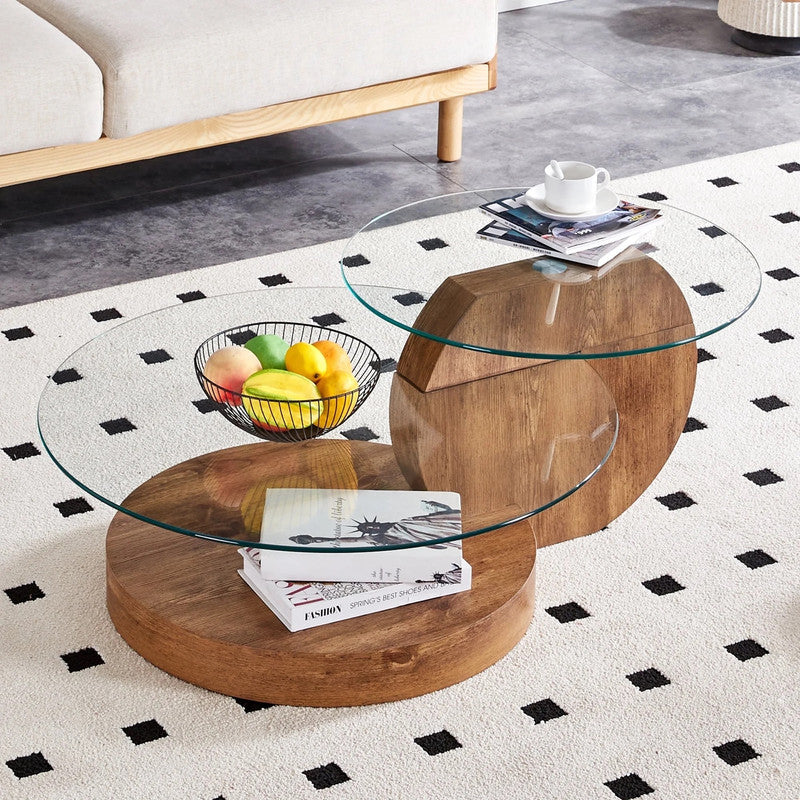 Coffee Tables: 'MINORI' Double Layer Clear Tempered Glass Dark Wood Grain Coffee Table