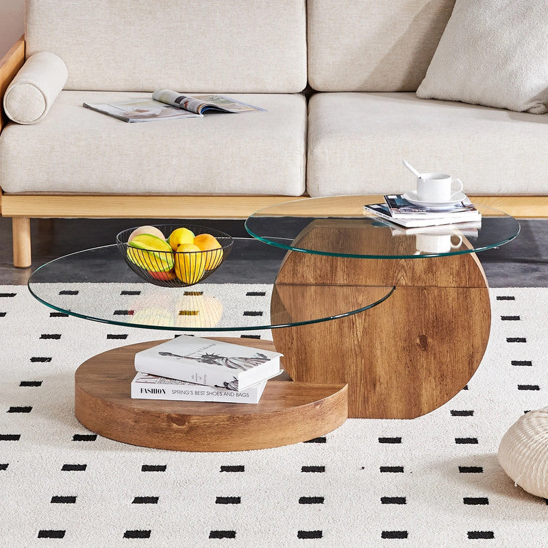 Coffee Tables: 'MINORI' Double Layer Clear Tempered Glass Dark Wood Grain Coffee Table