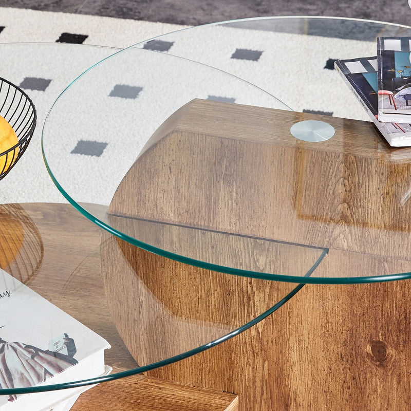Coffee Tables: 'MINORI' Double Layer Clear Tempered Glass Dark Wood Grain Coffee Table