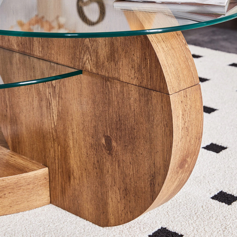 Coffee Tables: 'MINORI' Double Layer Clear Tempered Glass Dark Wood Grain Coffee Table