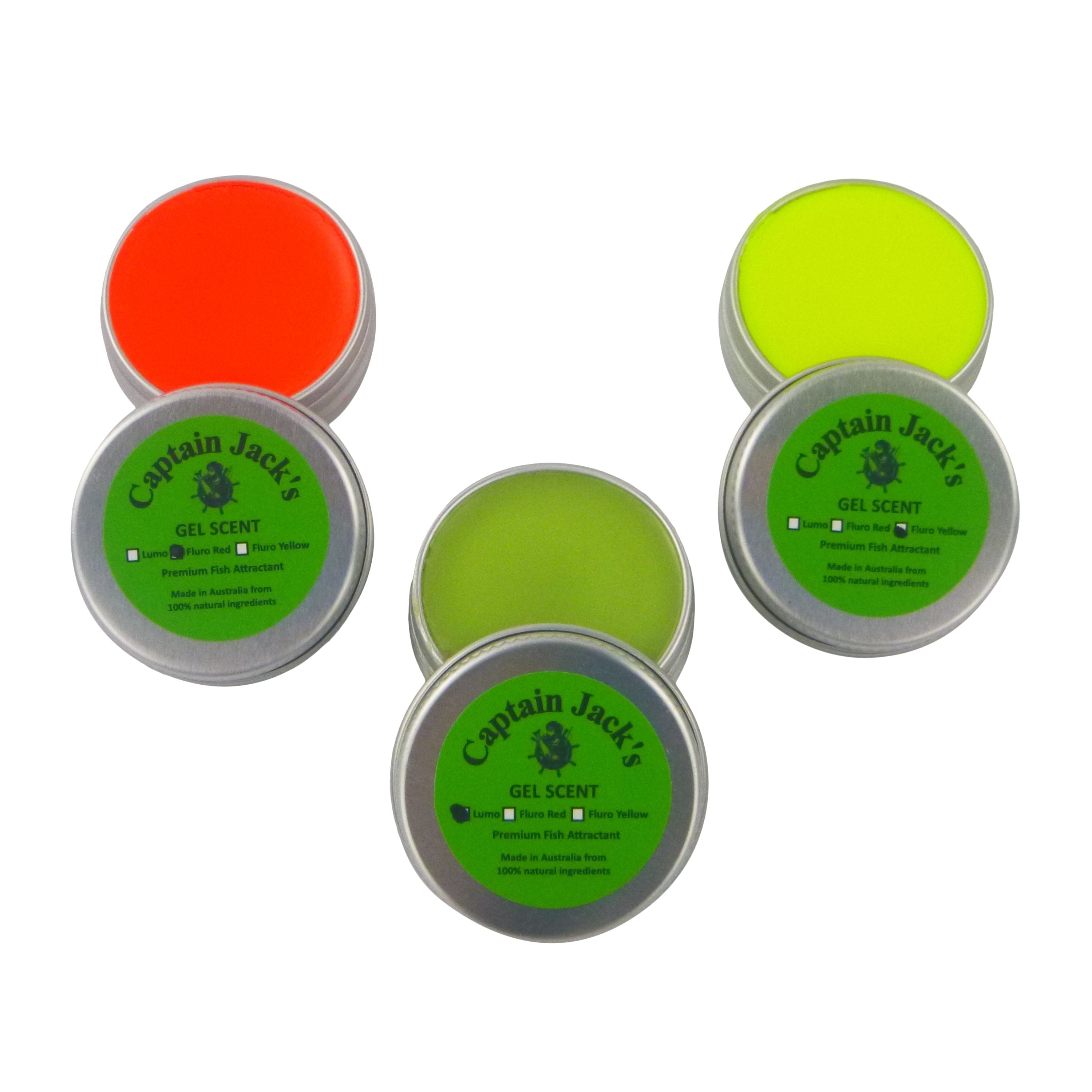 Fishing Tackle: Captain Jack's 'Visibles' Gel Scent - 3 Pack, Lumo Blue Green, Fluoro Red, Fluoro Yellow