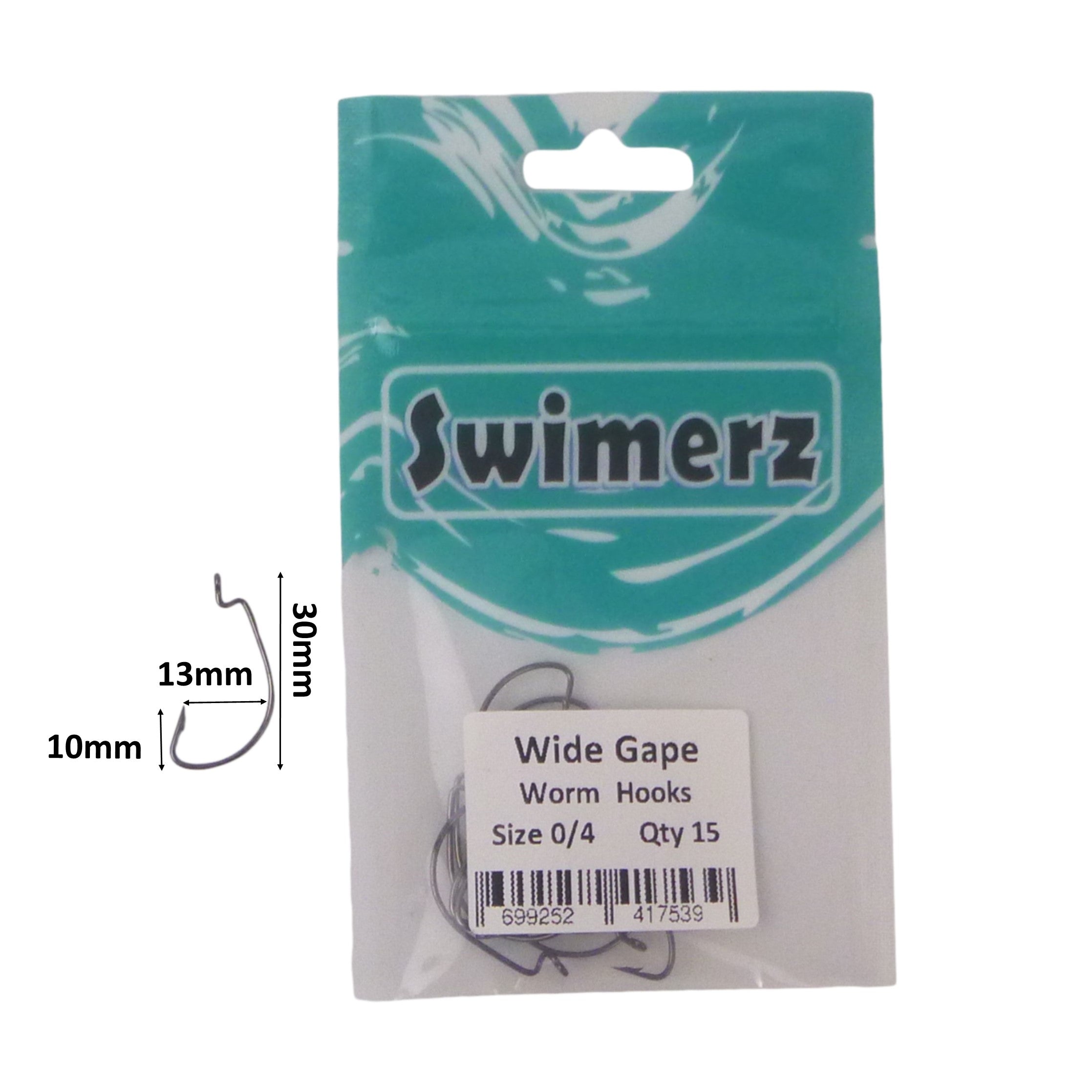Fishing Tackle: Swimerz 0/4 Wide Gape Worm Hook 15 Pack