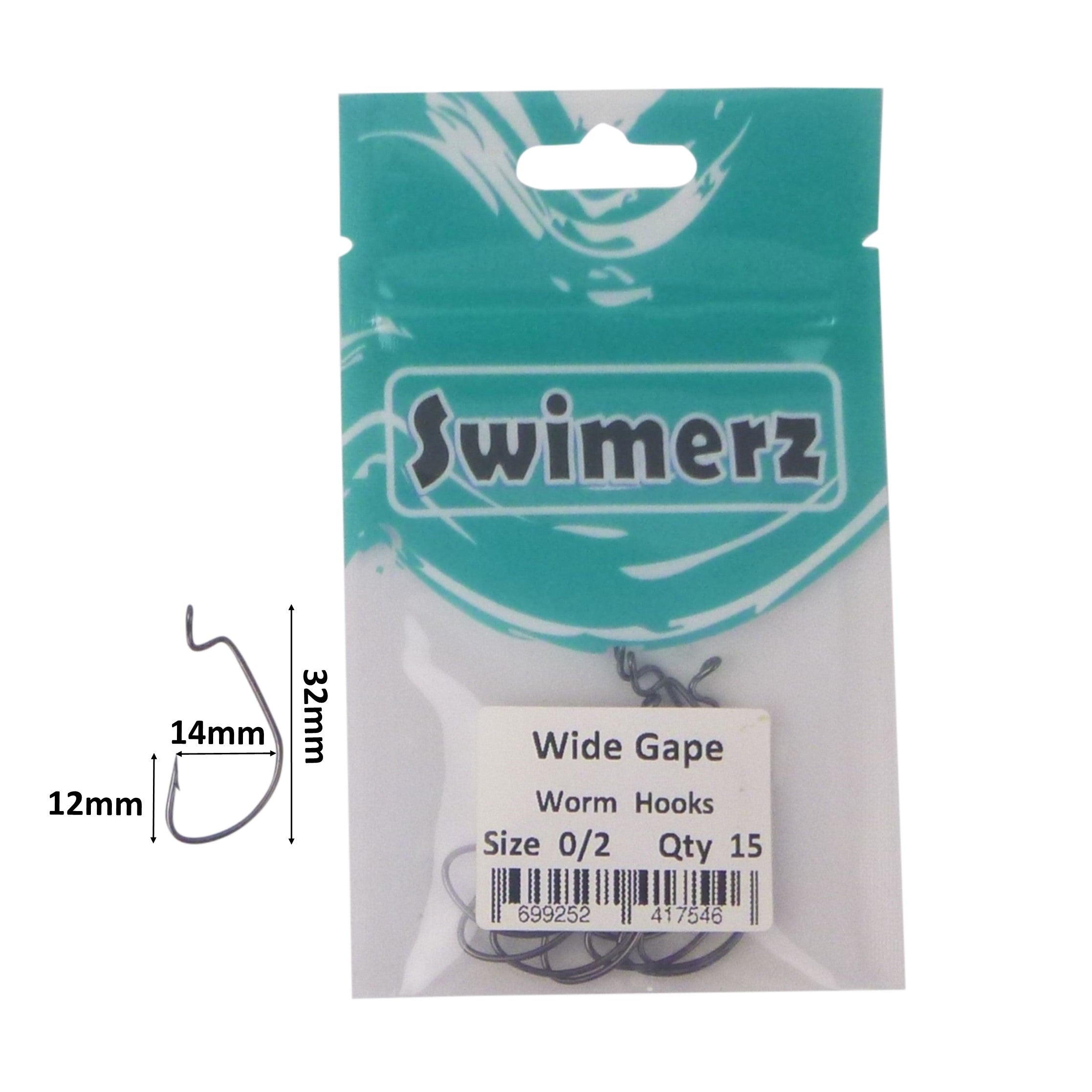 Fishing Tackle: Swimerz 0/2 Wide Gape Worm Hook 15 Pack