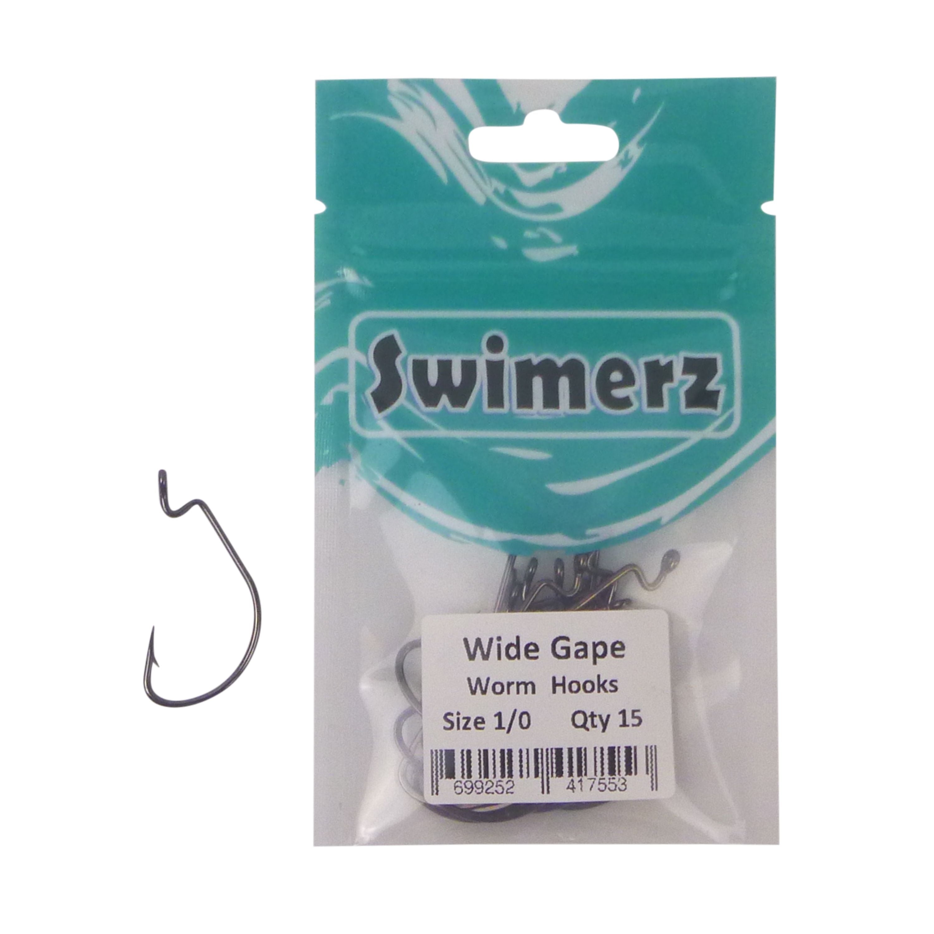 Fishing Tackle: Swimerz 1/0 Wide Gape Worm Hook 15 Pack