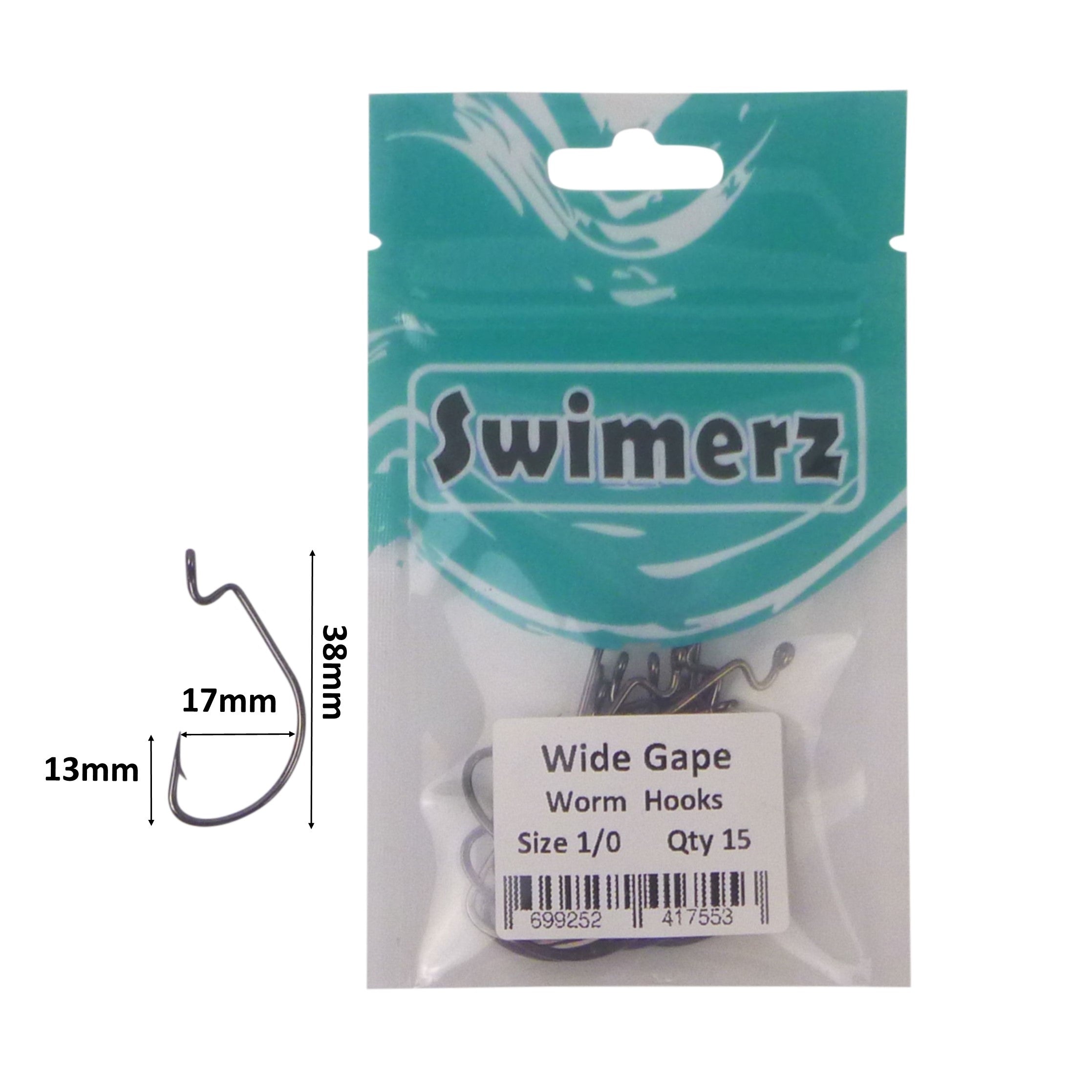 Fishing Tackle: Swimerz 1/0 Wide Gape Worm Hook 15 Pack