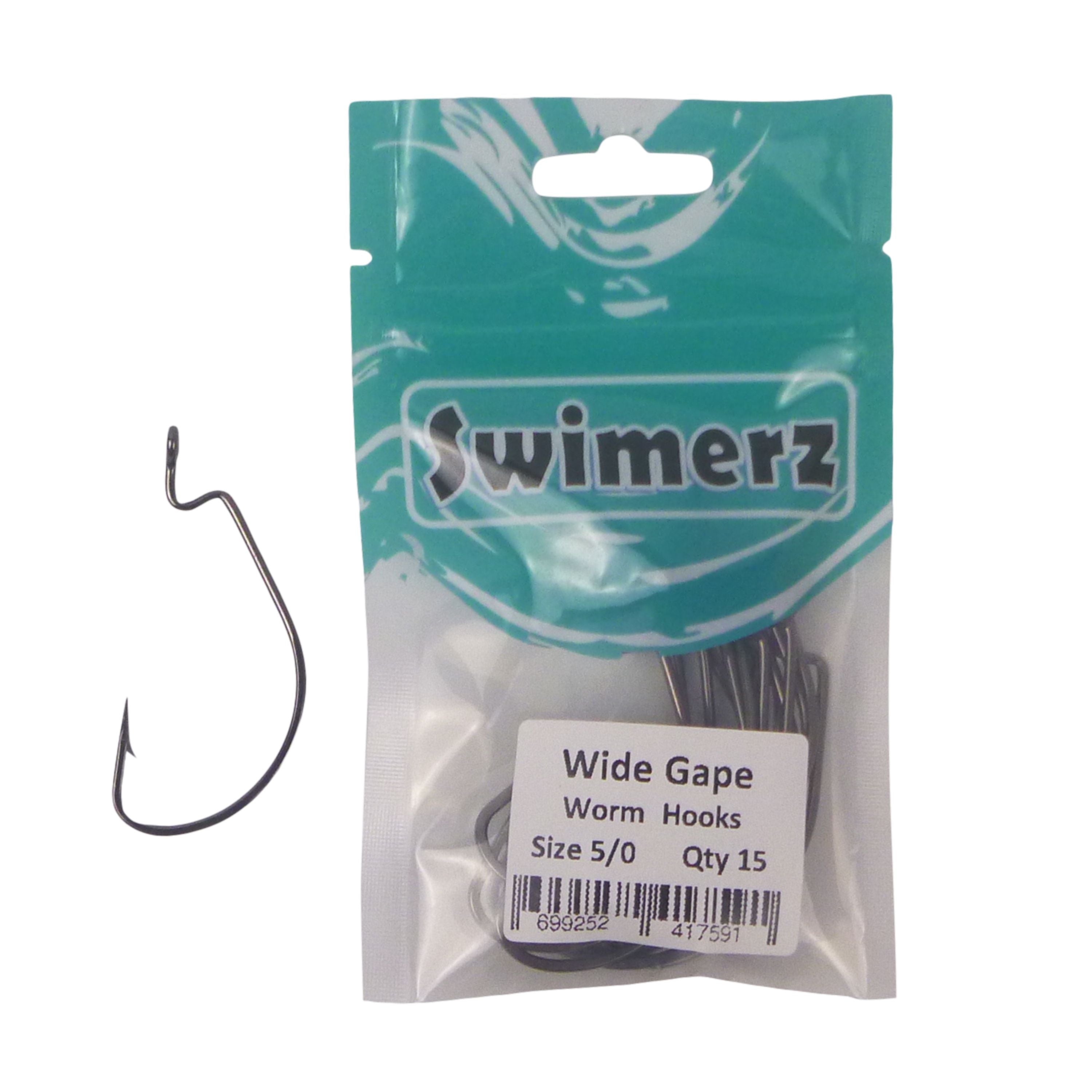 Fishing Tackle: Swimerz 5/0 Wide Gape Worm Hook 15 Pack
