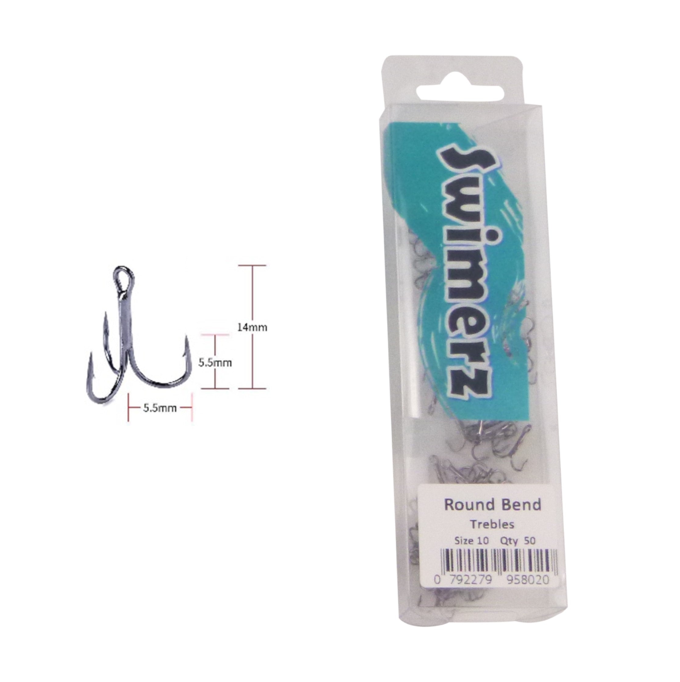 Fishing Tackle: Swimerz Round Bend Trebles Size 10, 50 pack