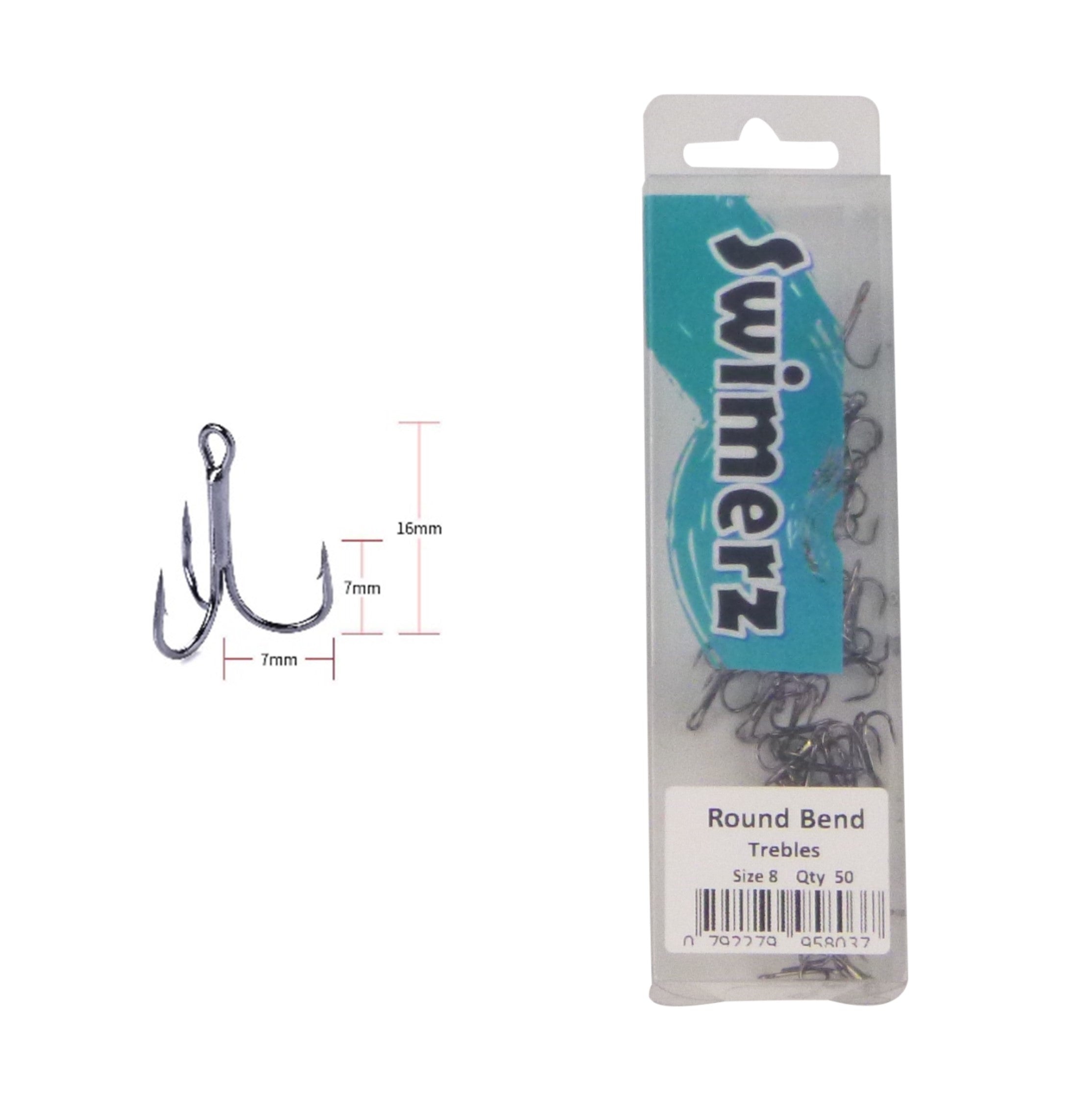 Fishing Tackle: Swimerz Round Bend Trebles Size 8, 50 pack