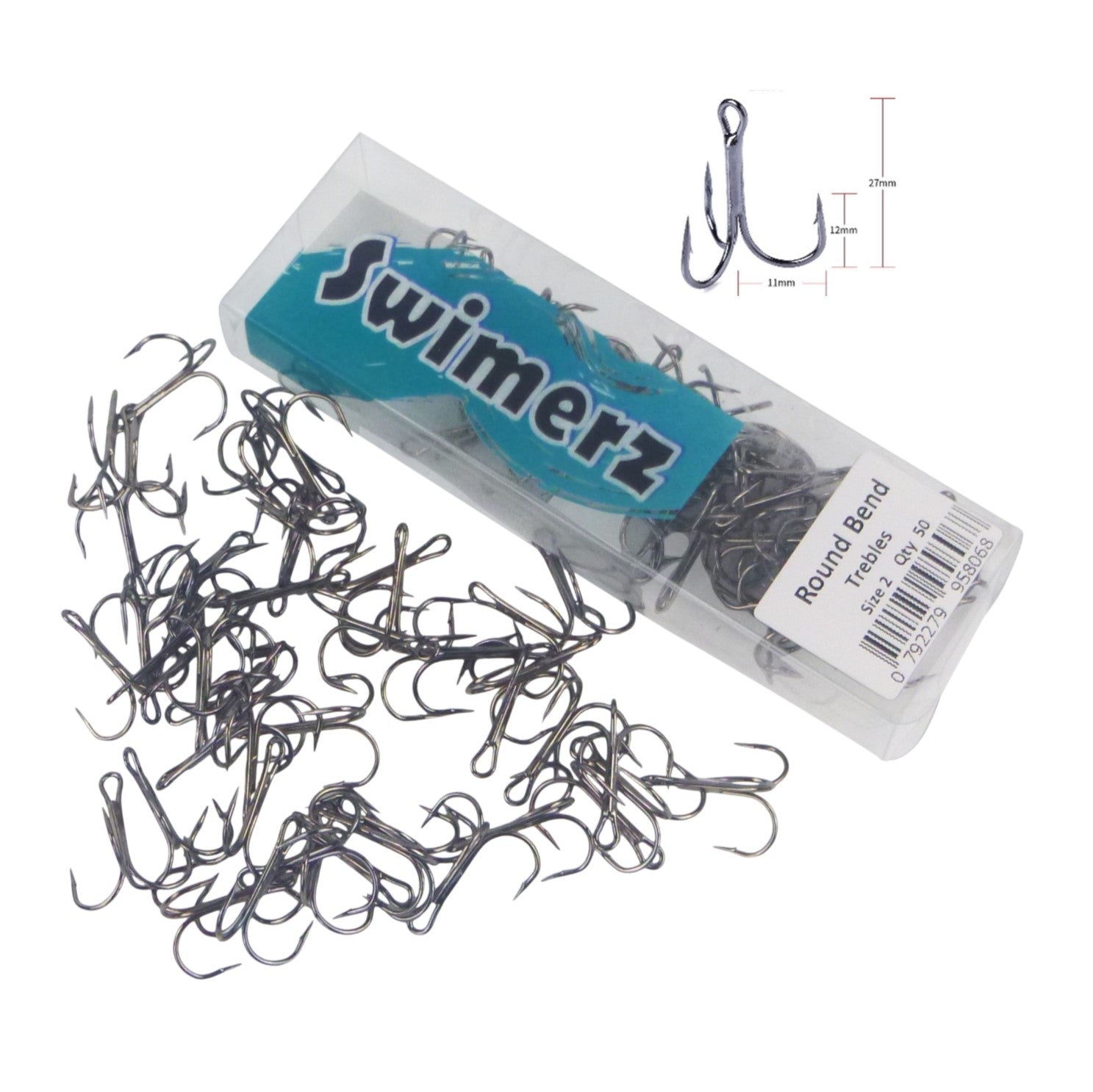 Fishing Tackle: Swimerz Round Bend Trebles Size 2, 50 pack