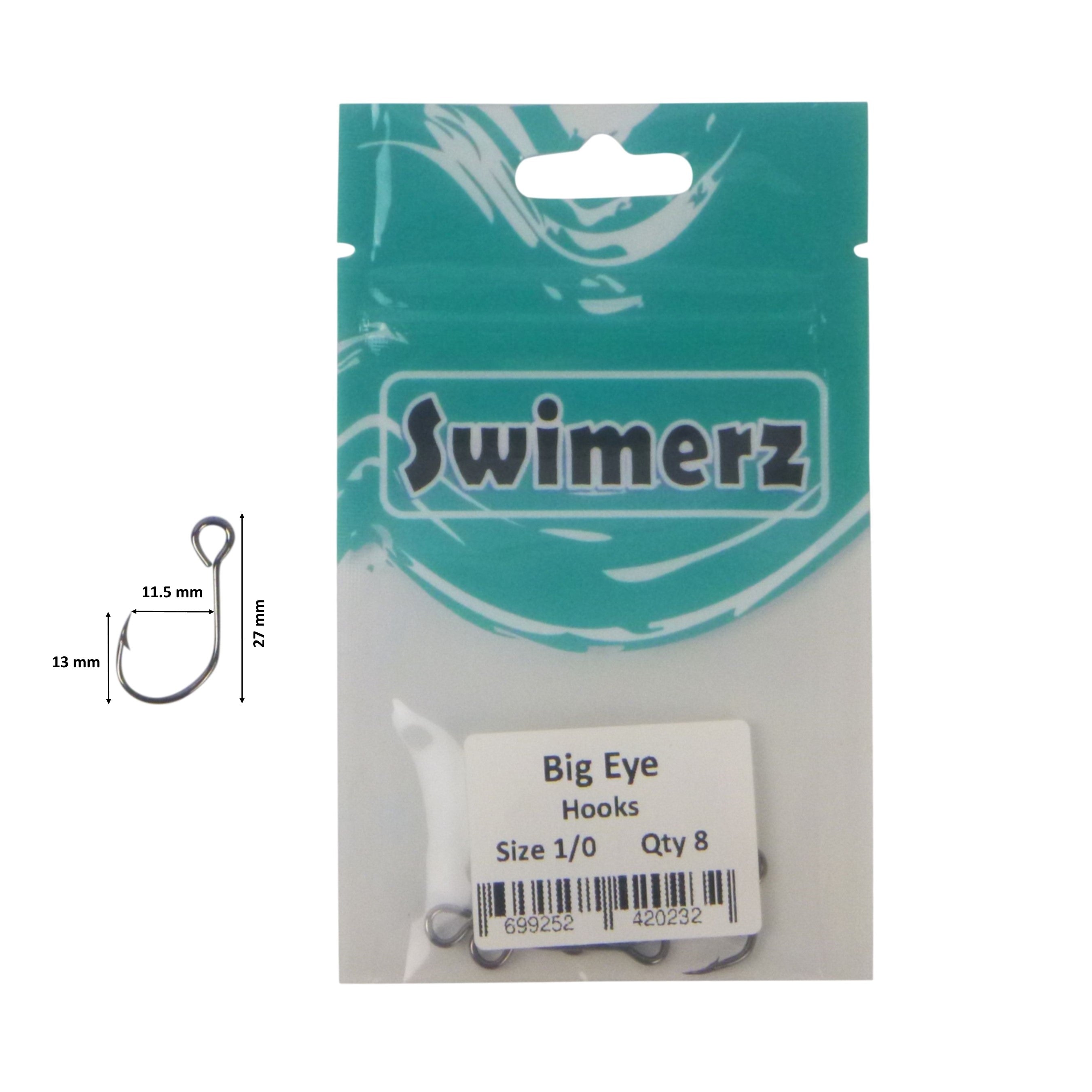 Fishing Tackle: Swimerz Big Eye Inline Lure Hooks, Size 1/0, 8 Pack