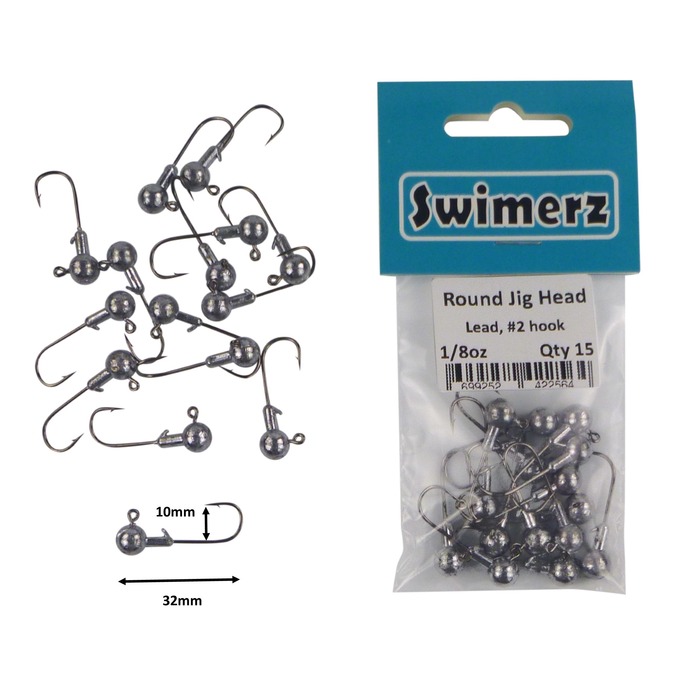 Fishing Tackle: Swimerz Round Jig Head, 1/8 oz #2 Hook, 15 pack