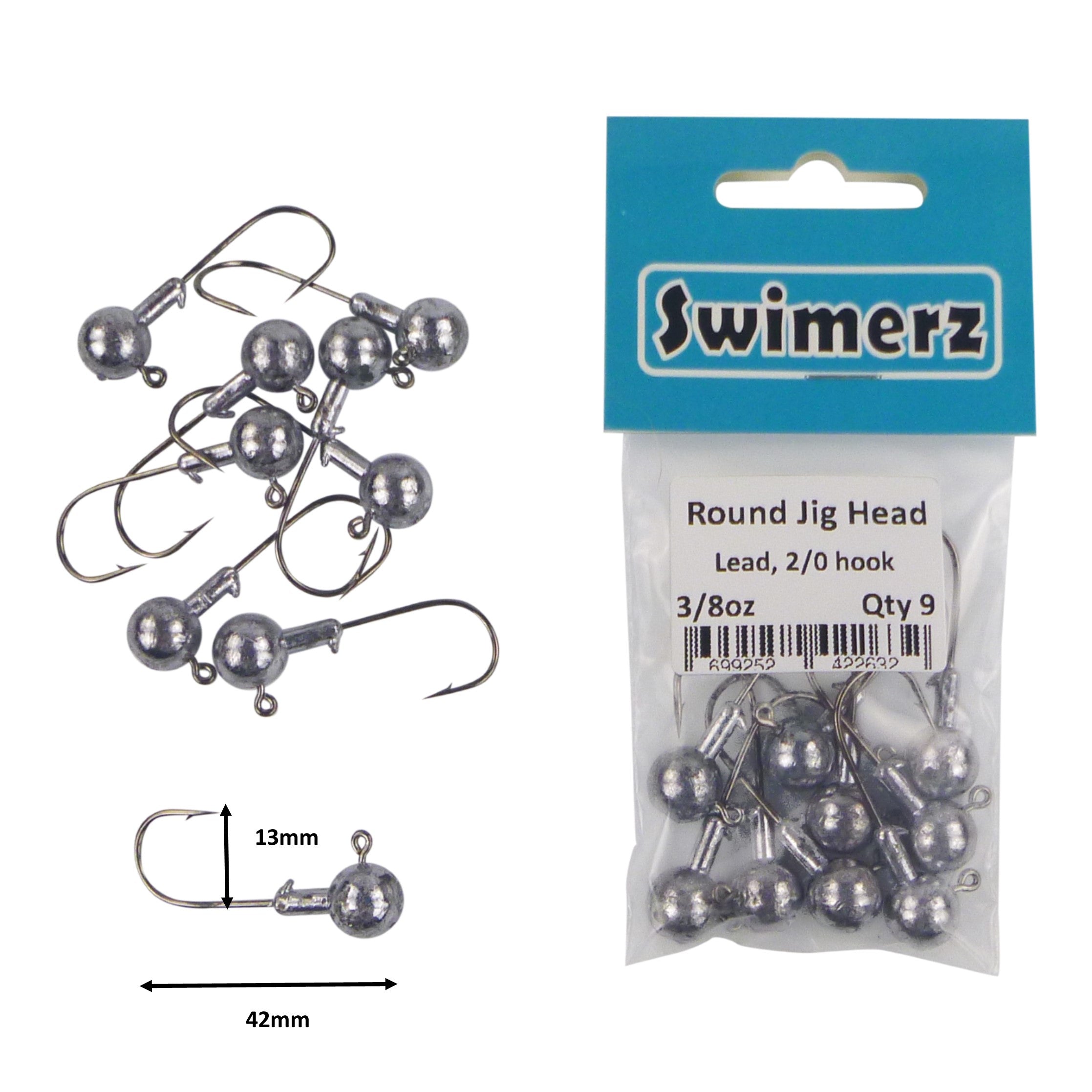 Fishing Tackle: Swimerz Round Jig Head, 3/8 oz 2/0 Hook, 9 pack