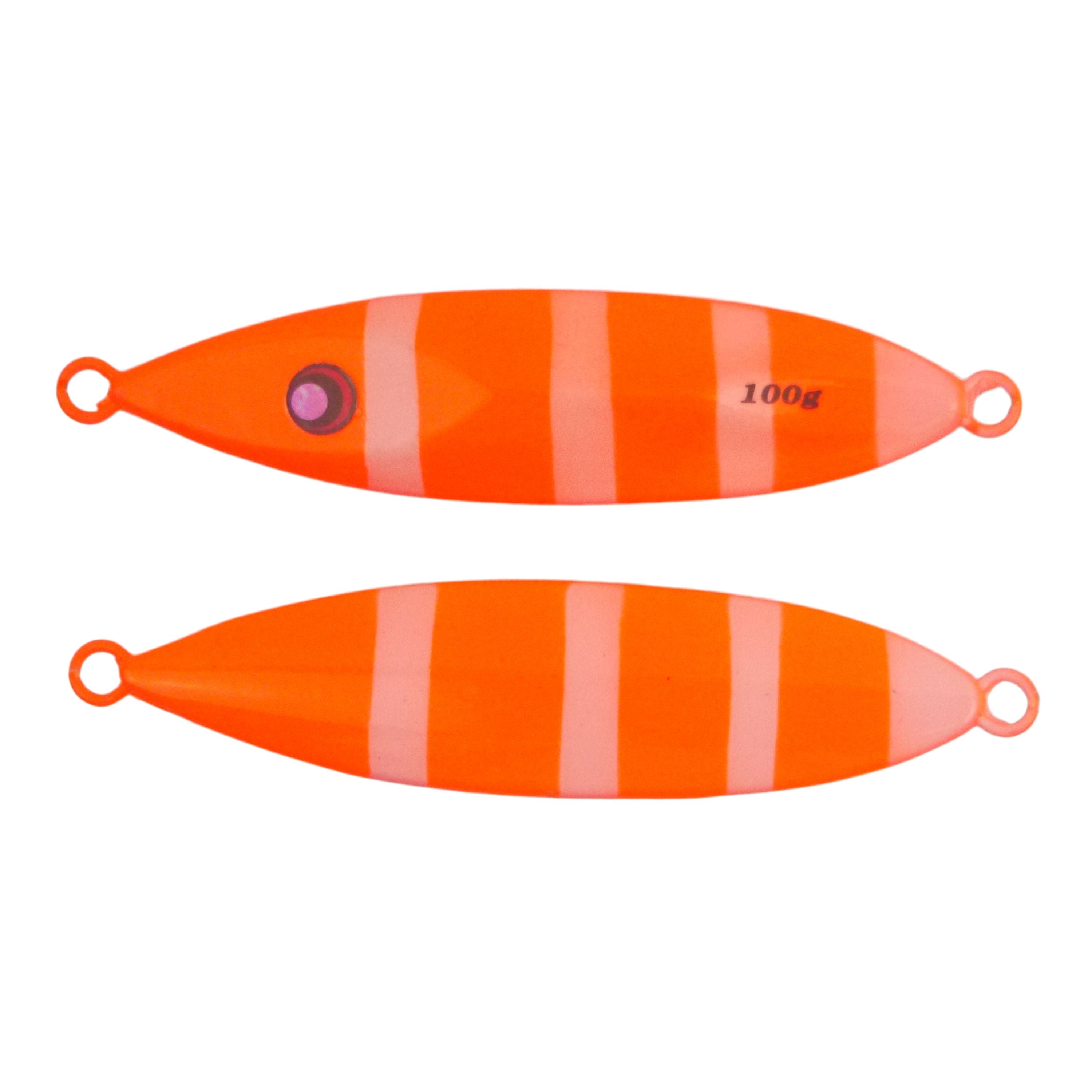 Fishing Tackle: Finesse Slow Pitch Flutter Jig, 100gm, Bright Orange, 2 pack