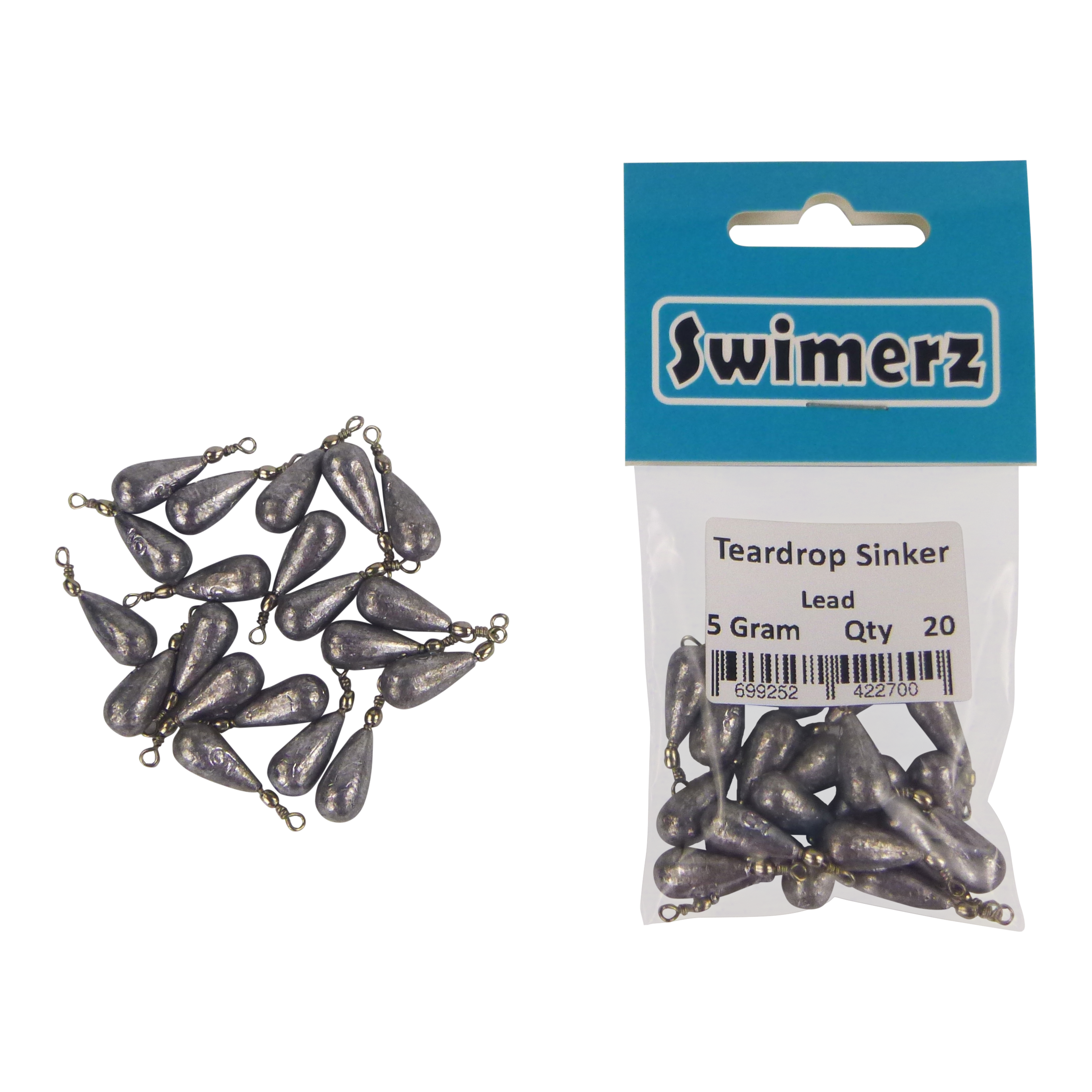 Fishing Tackle: Swimerz 5gm Teardrop Sinker, Lead, 20 pack