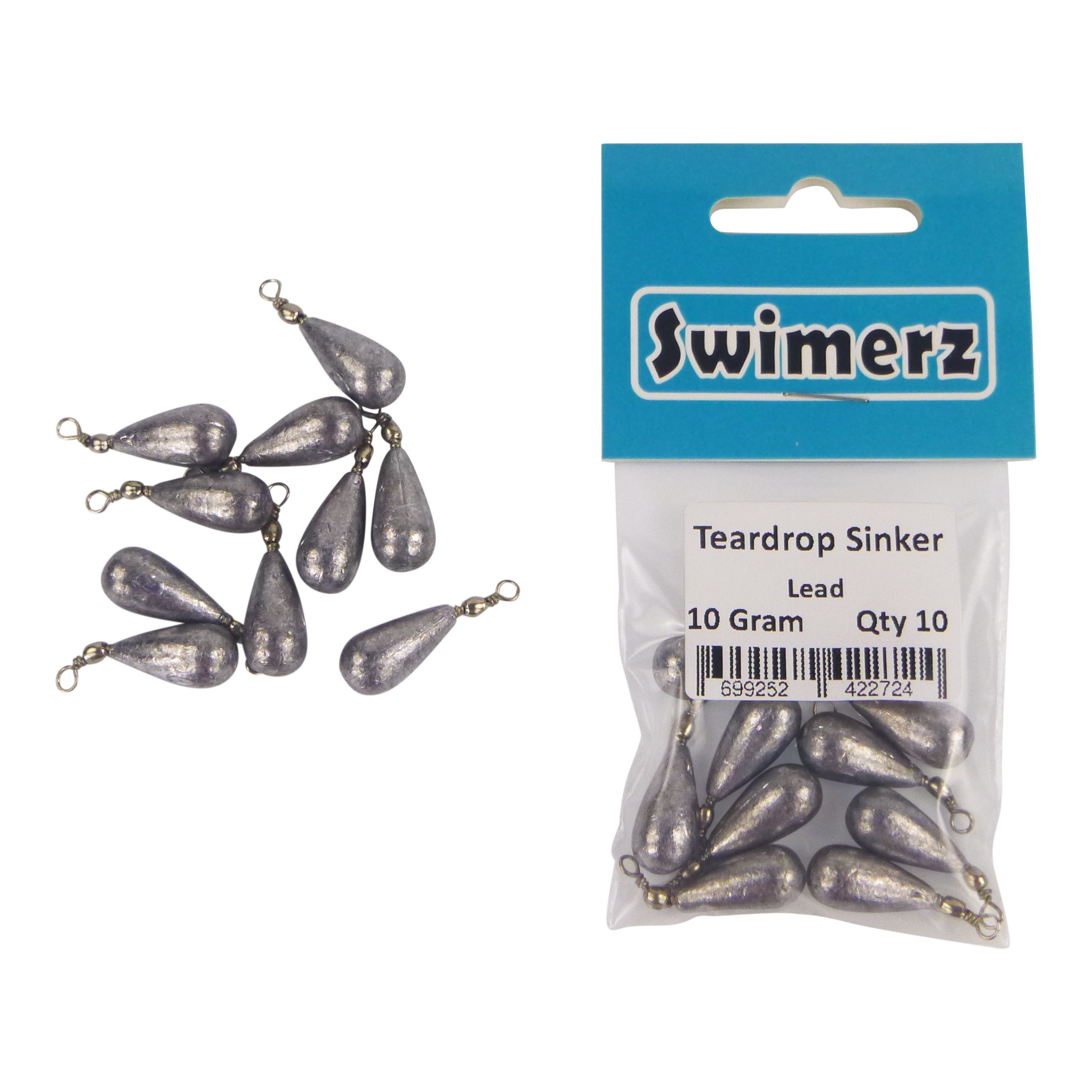 Fishing Tackle: Swimerz 10gm Teardrop Sinker, Lead, 10 pack