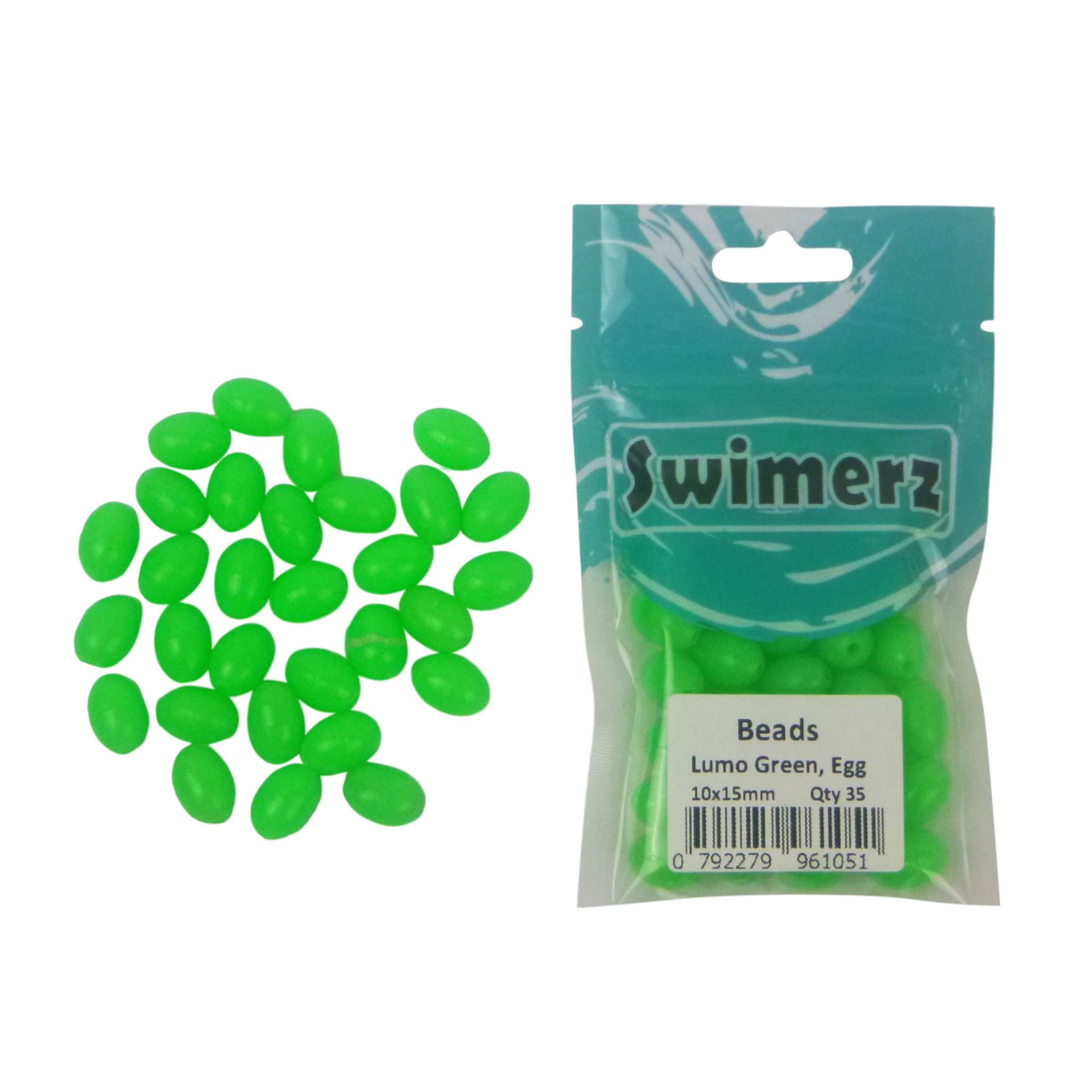 Fishing Tackle: Swimerz Beads, 10mmWx15mmL, Lumo Green Egg, 50 pack
