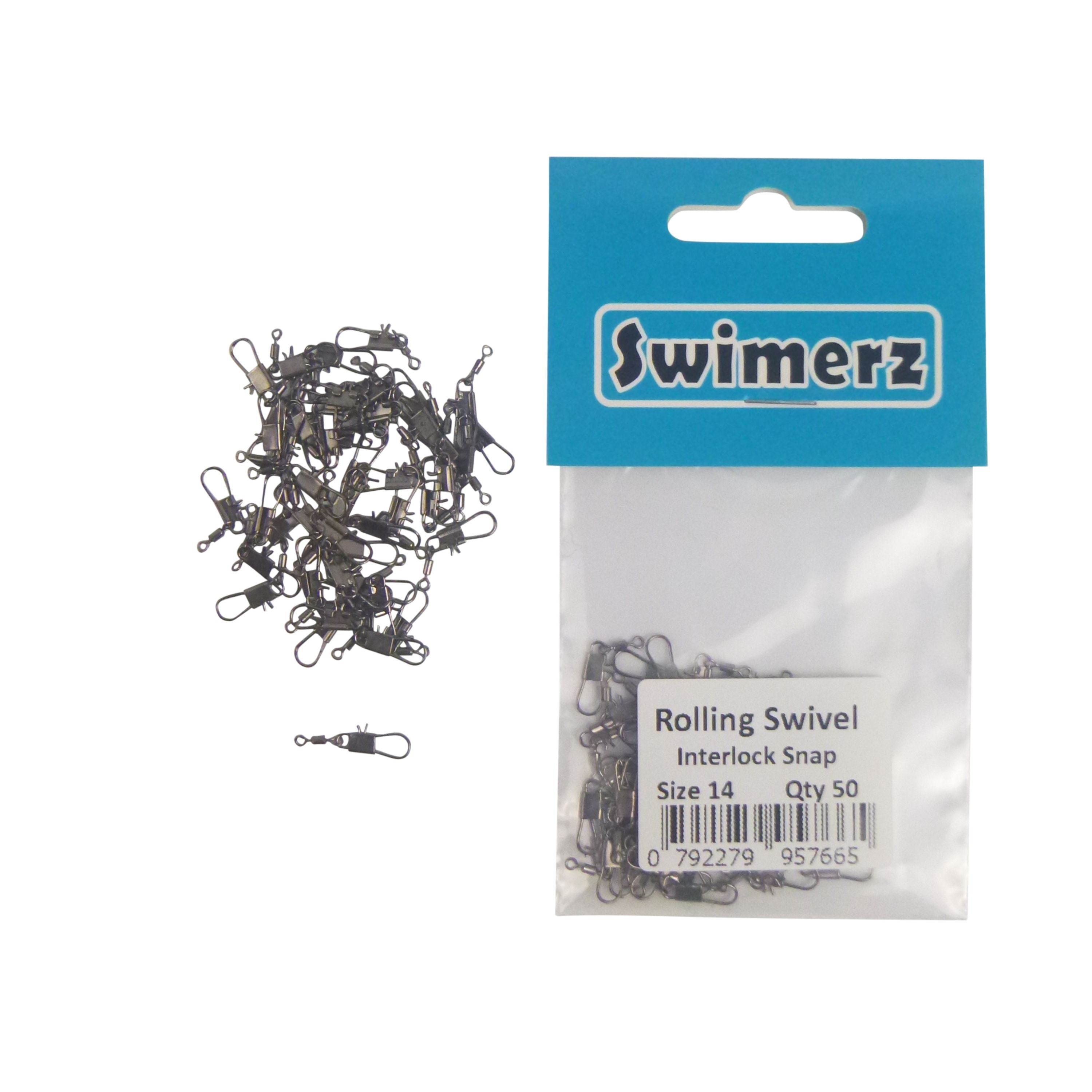 Fishing Tackle: Swimerz Rolling Swivel w Interlock Snap, Size 14, 50 pack