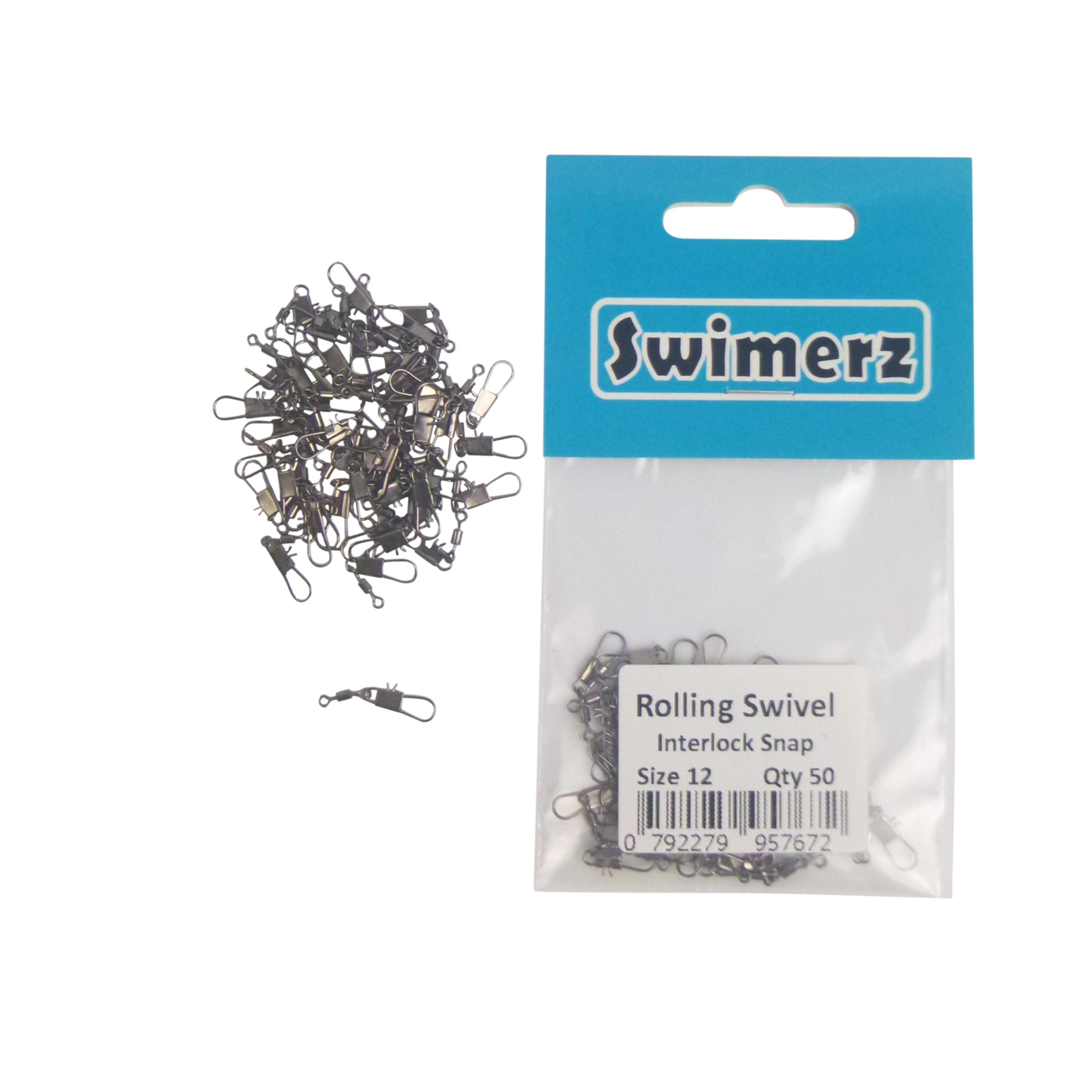 Fishing Tackle: Swimerz Rolling Swivel w Interlock Snap, Size 12, 50 pack